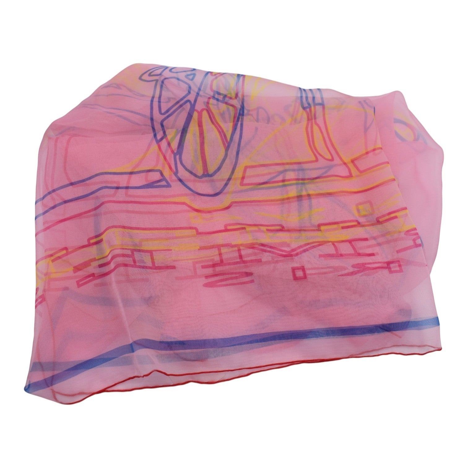 Soldi pink chiffon scarf with abstract colorful geometric pattern and red trim.