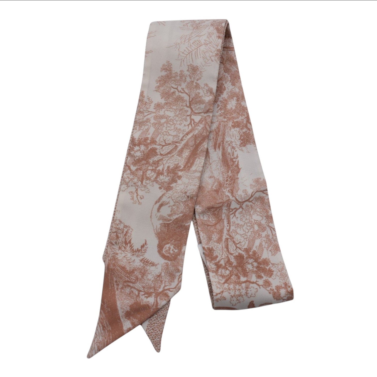 Soldi pink twilly scarf with a toile de jouy print featuring animals and trees.