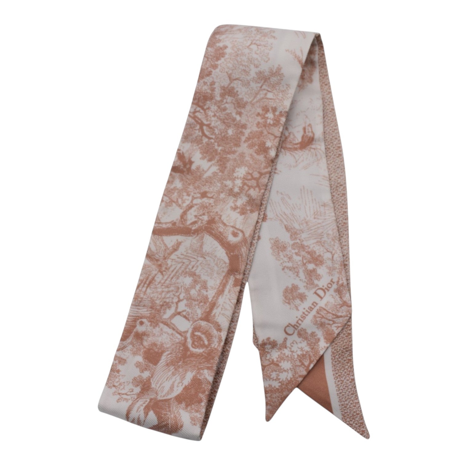 Soldi pink twilly scarf with a toile de jouy print and Christian Dior logo