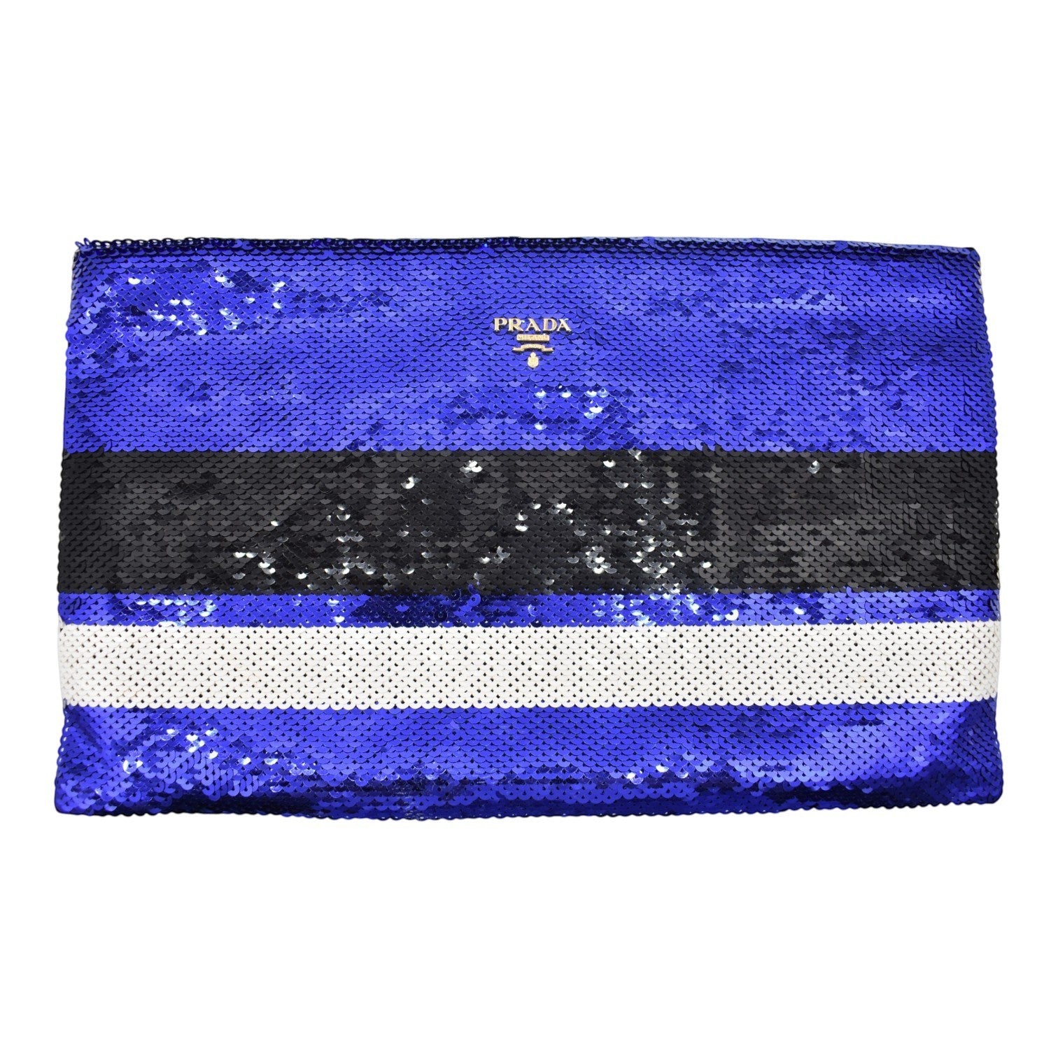 Soldi Prada blue, white, and black striped sequin clutch with gold logo detail.