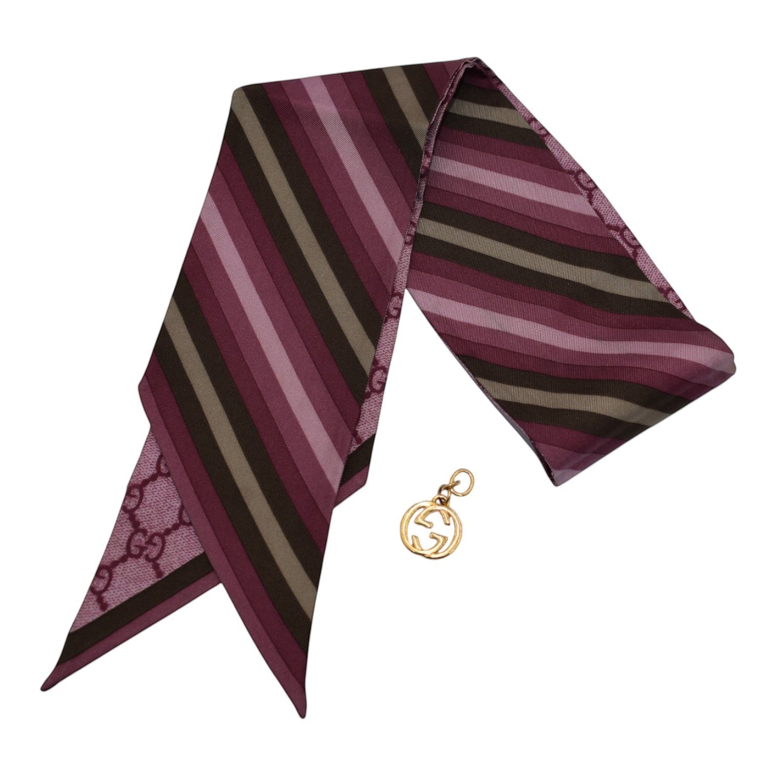 Soldi purple twilly scarf with multicolor stripes and gold GG charm.