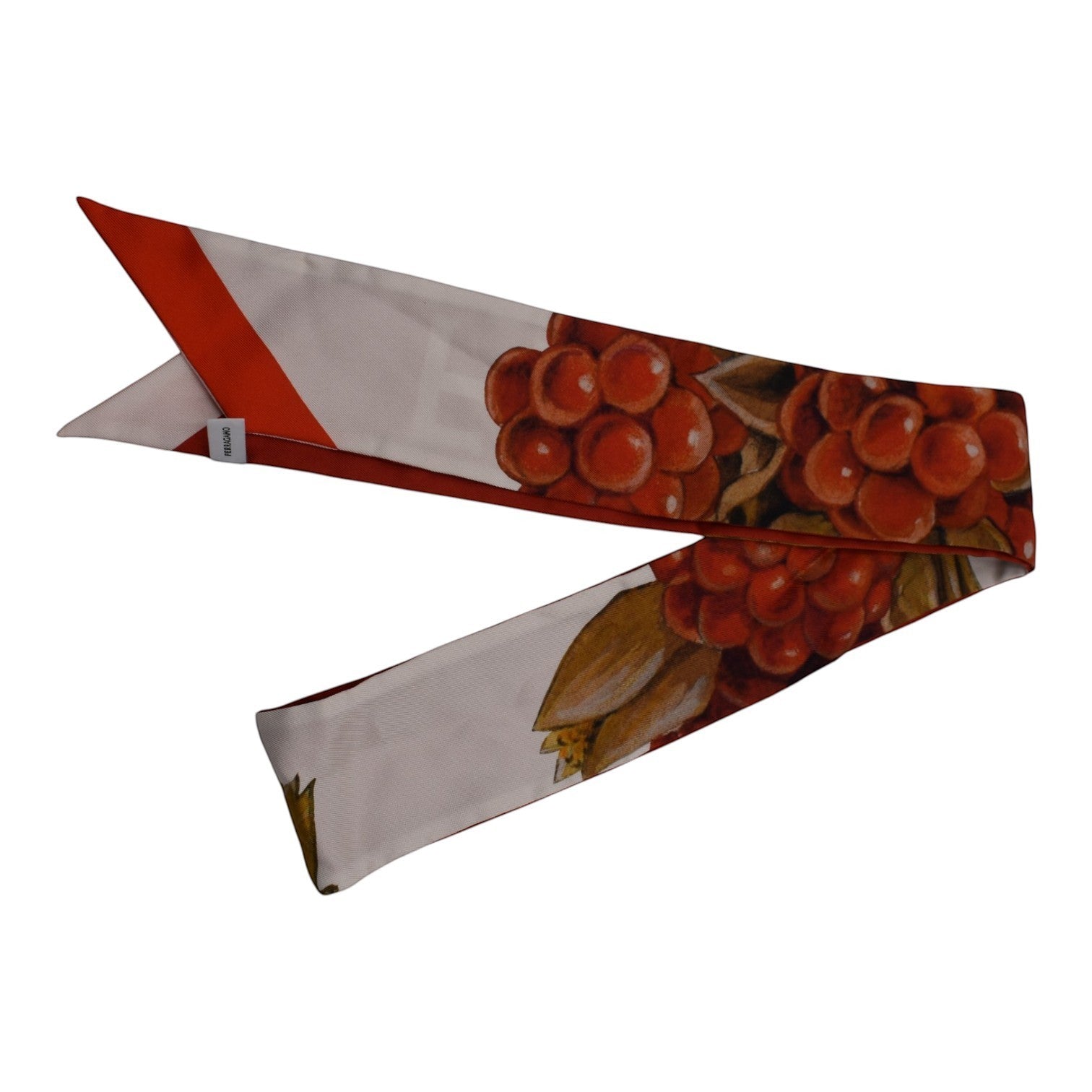 Soldi red and white silk twilly scarf with a red berry print and orange accents.