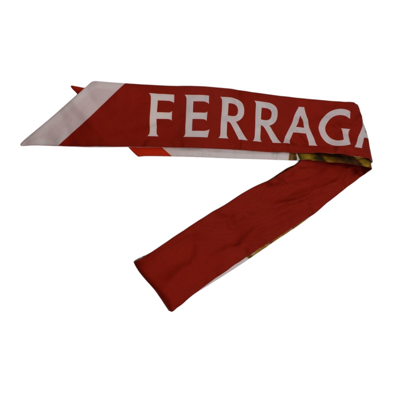 Soldi red silk twilly scarf with white stripe and "FERRAGAMO" logo