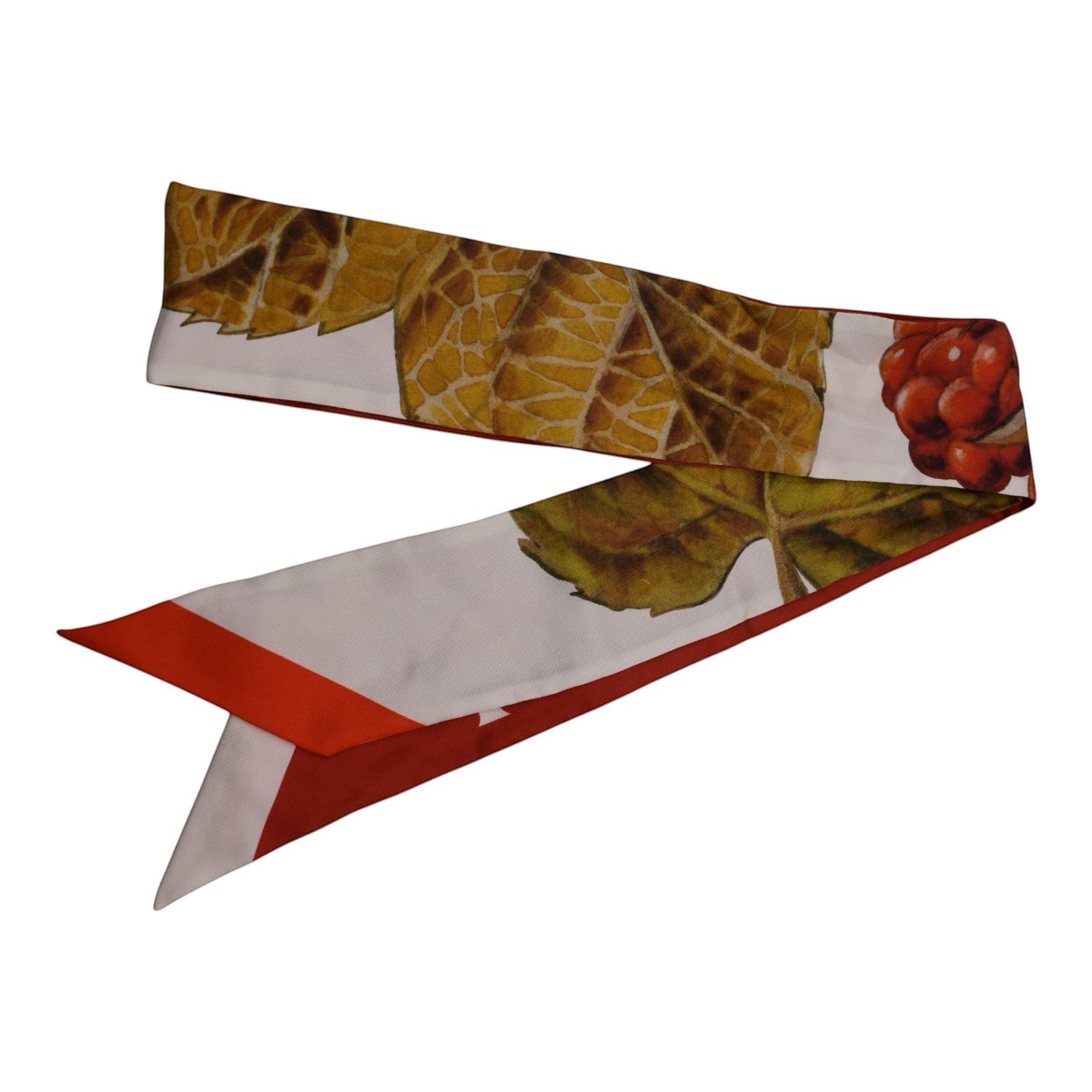 Soldi red twilly scarf with a white background featuring a raspberry and leaf print. Red border.