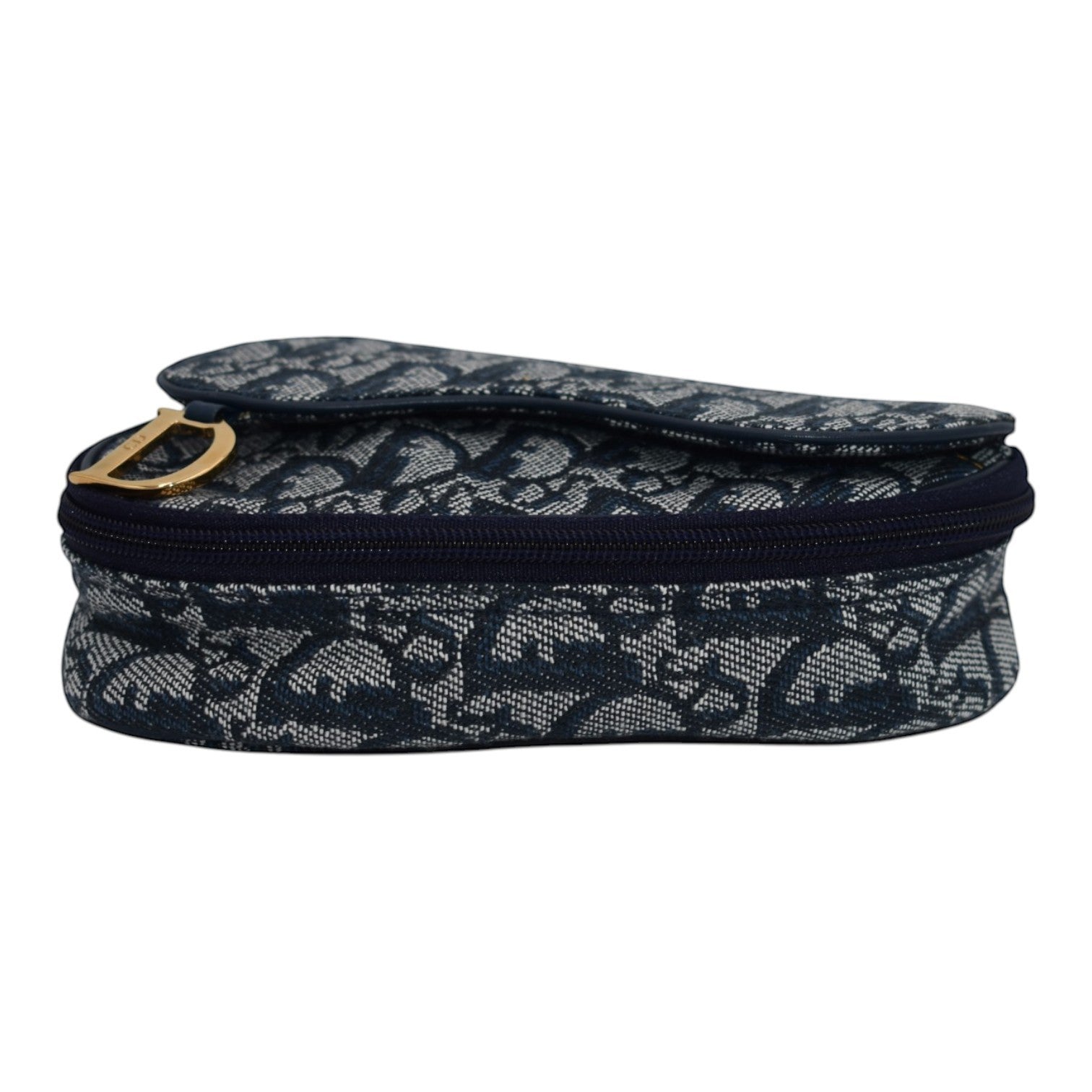 Soldi blue oblique saddle pouch with gold D charm and zipper closure