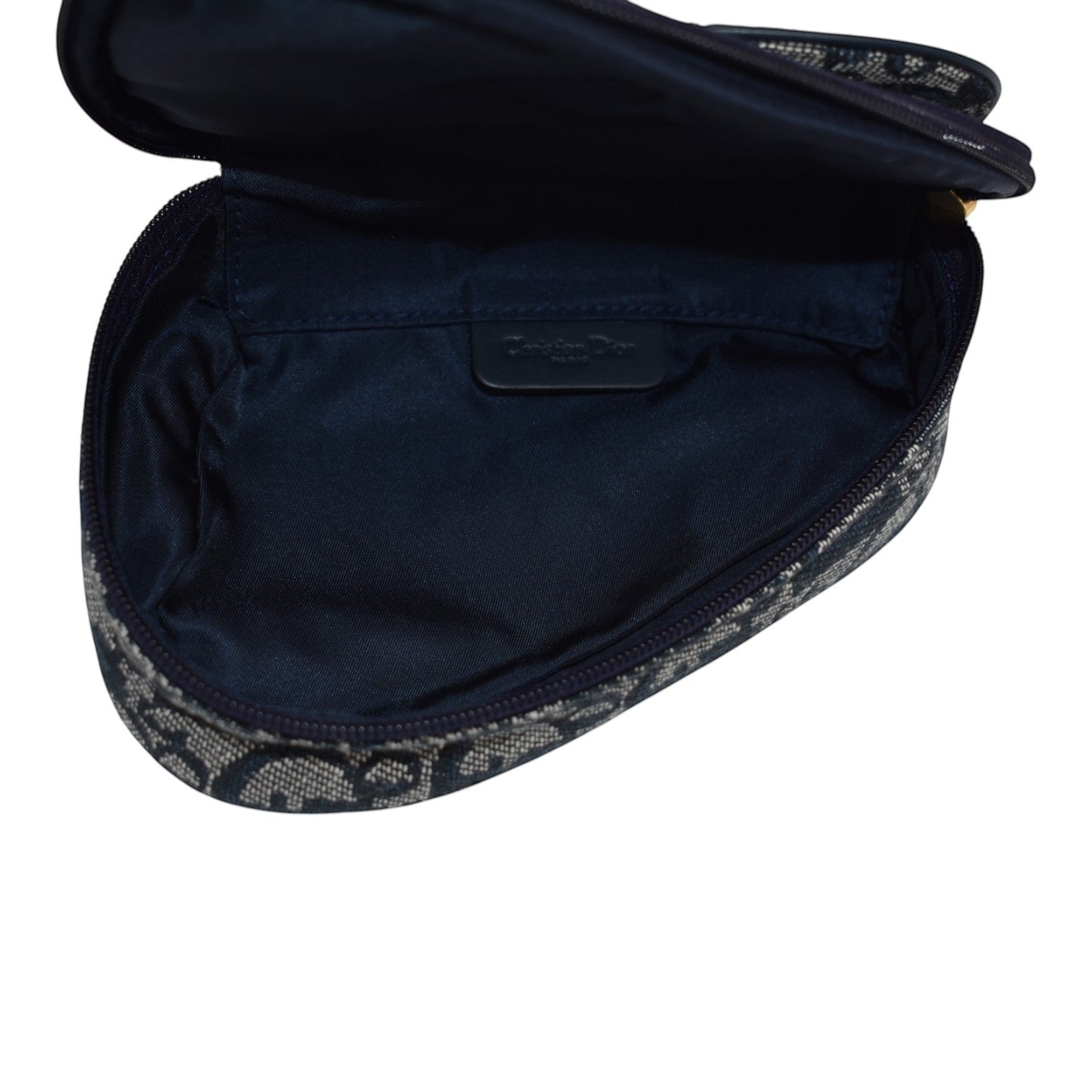Soldi blue oblique saddle pouch with zip closure and interior logo detail.