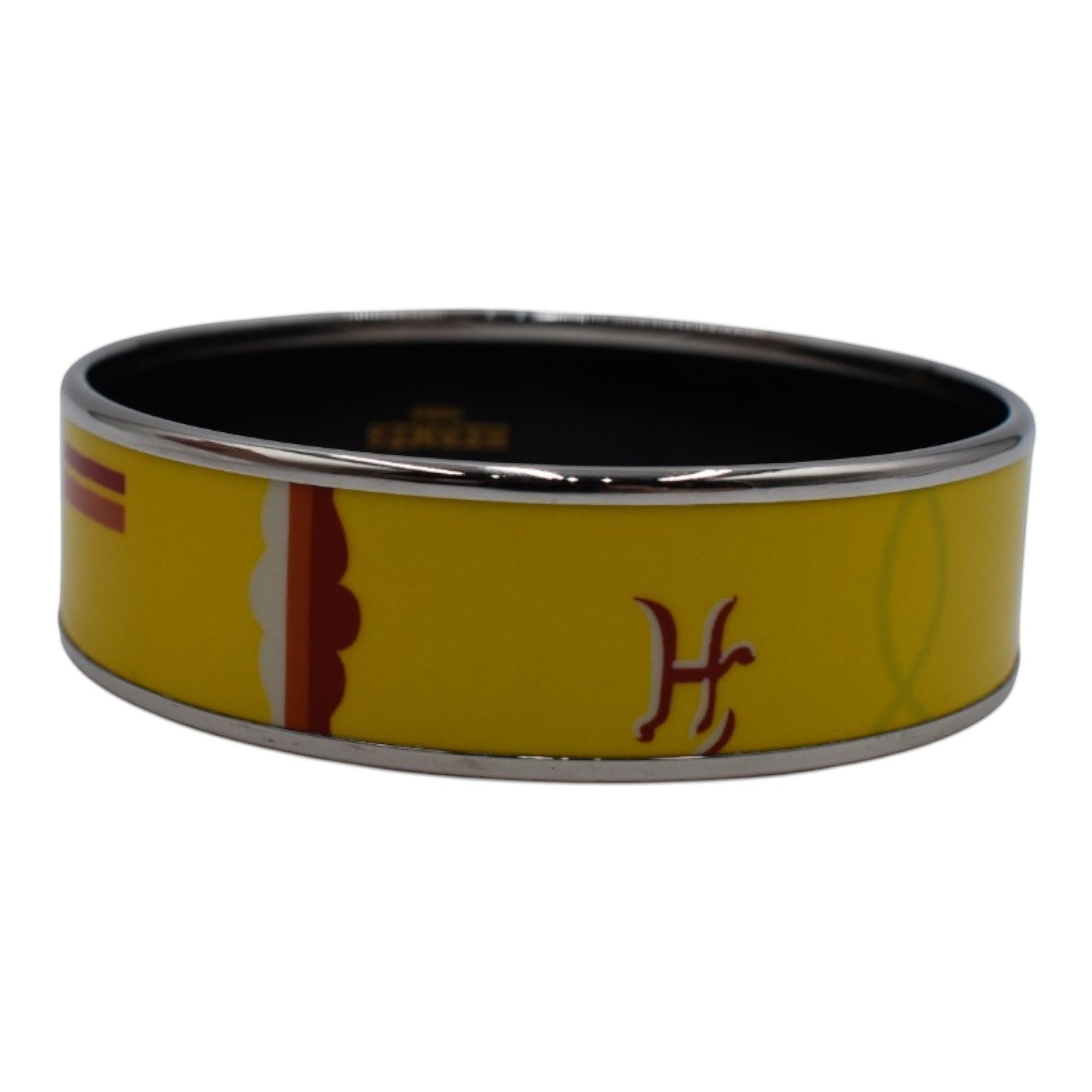 Soldi yellow bangle with red and white graphic details and a silver trim. Features a stylized 'H' logo.