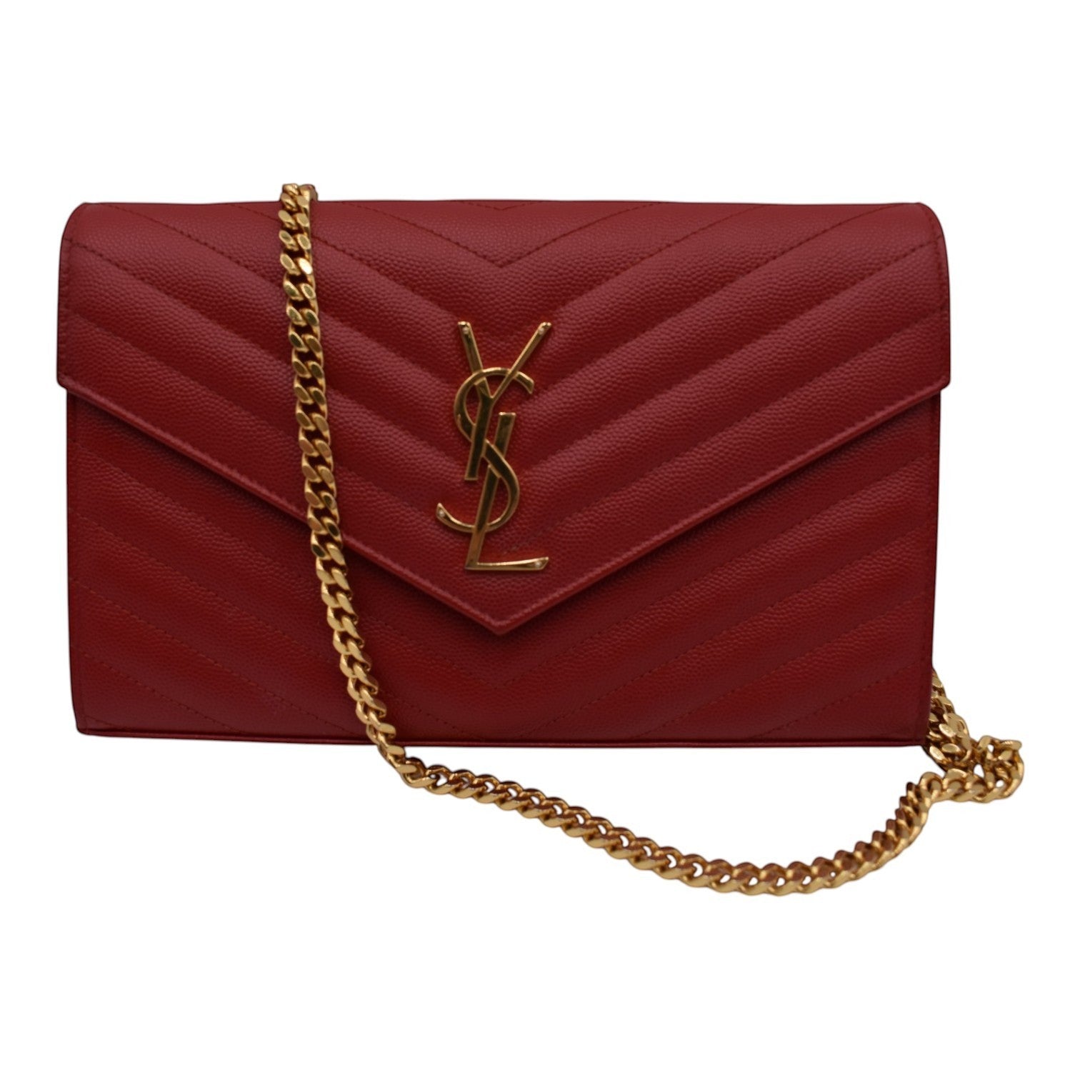 Soldi Yves Saint Laurent red leather Cassandre Chevron Wallet on Chain with gold hardware and chain strap.