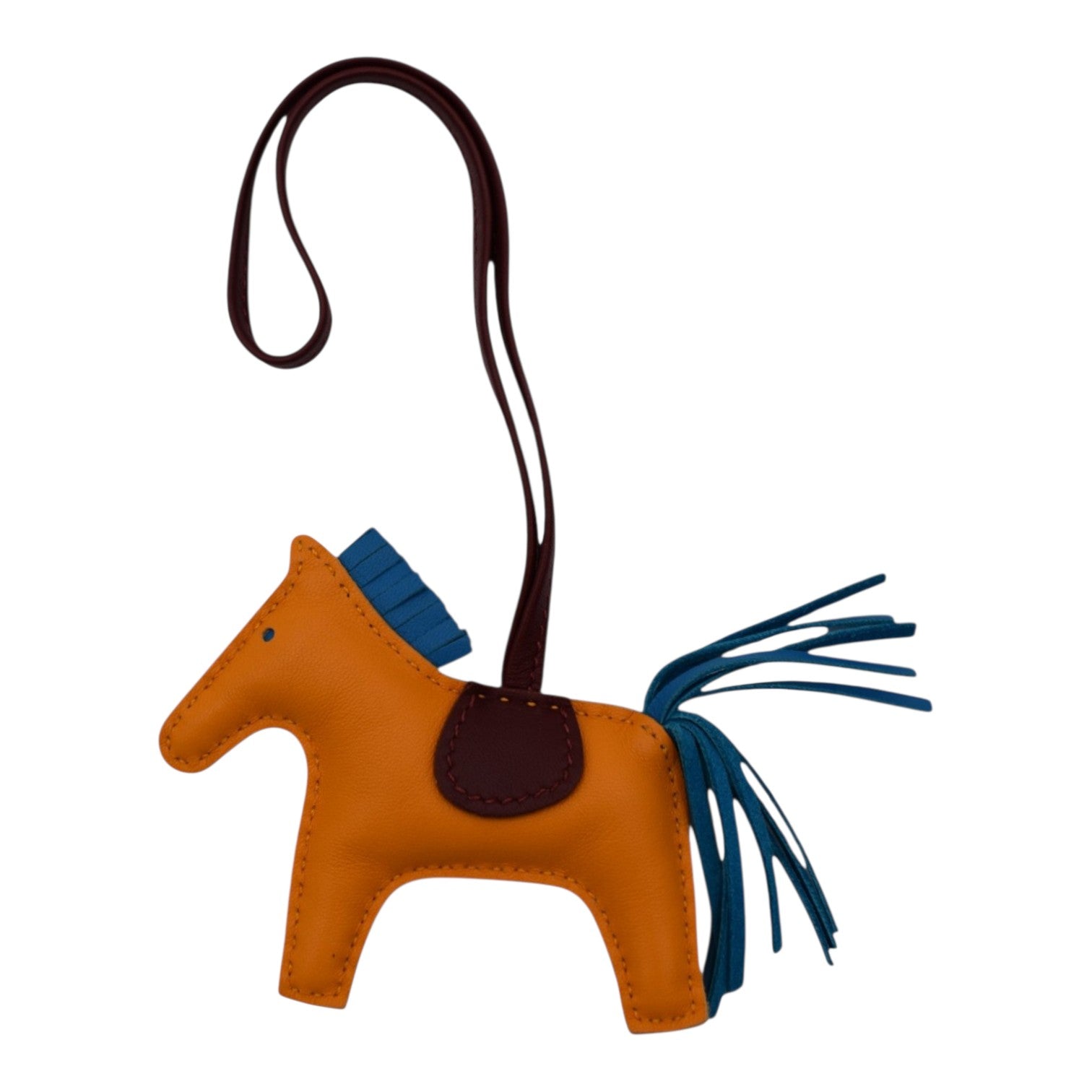 Soldi Rodeo Charm in orange leather with blue fringe mane and tail, and brown accent.