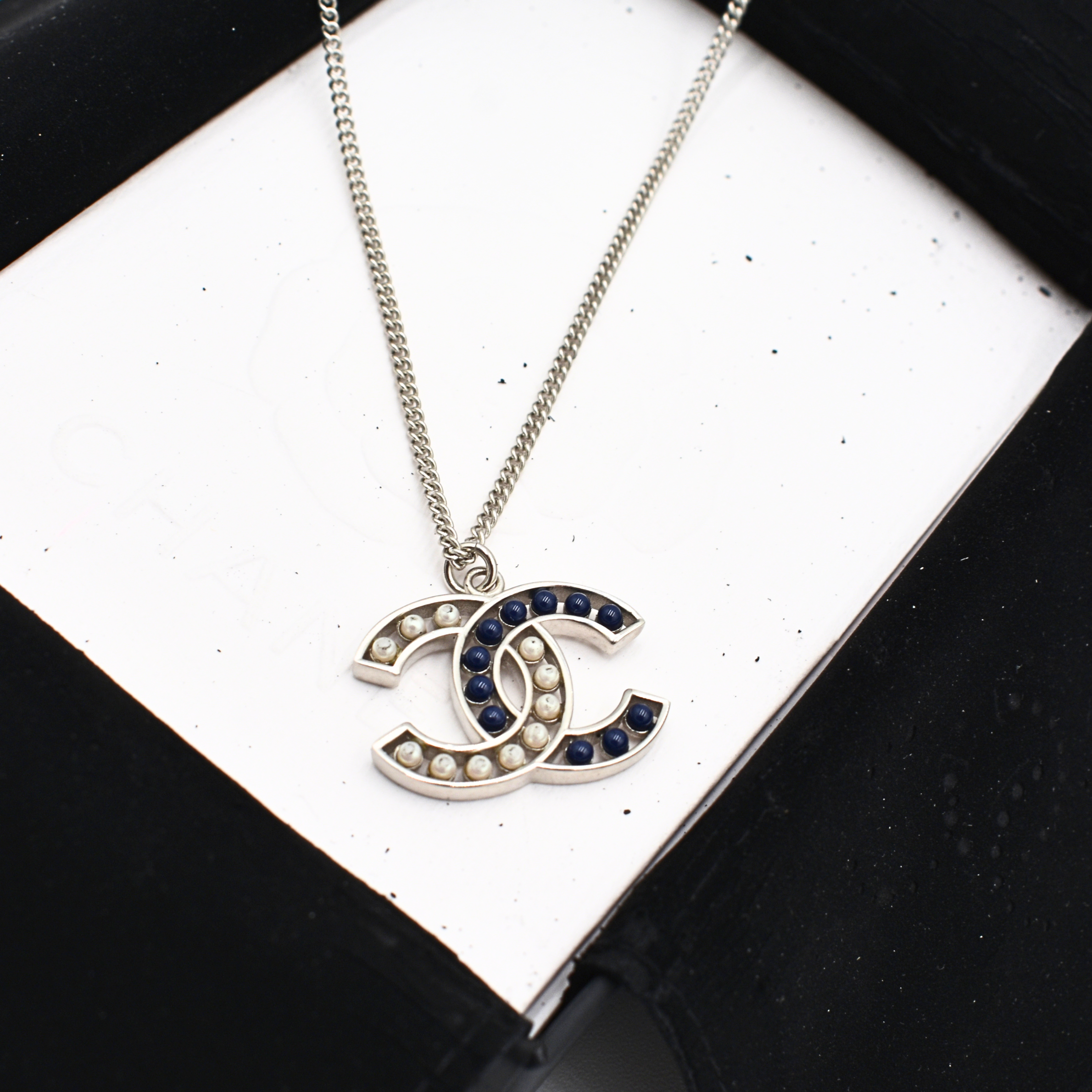 Blue/White Logo Pendant Necklace