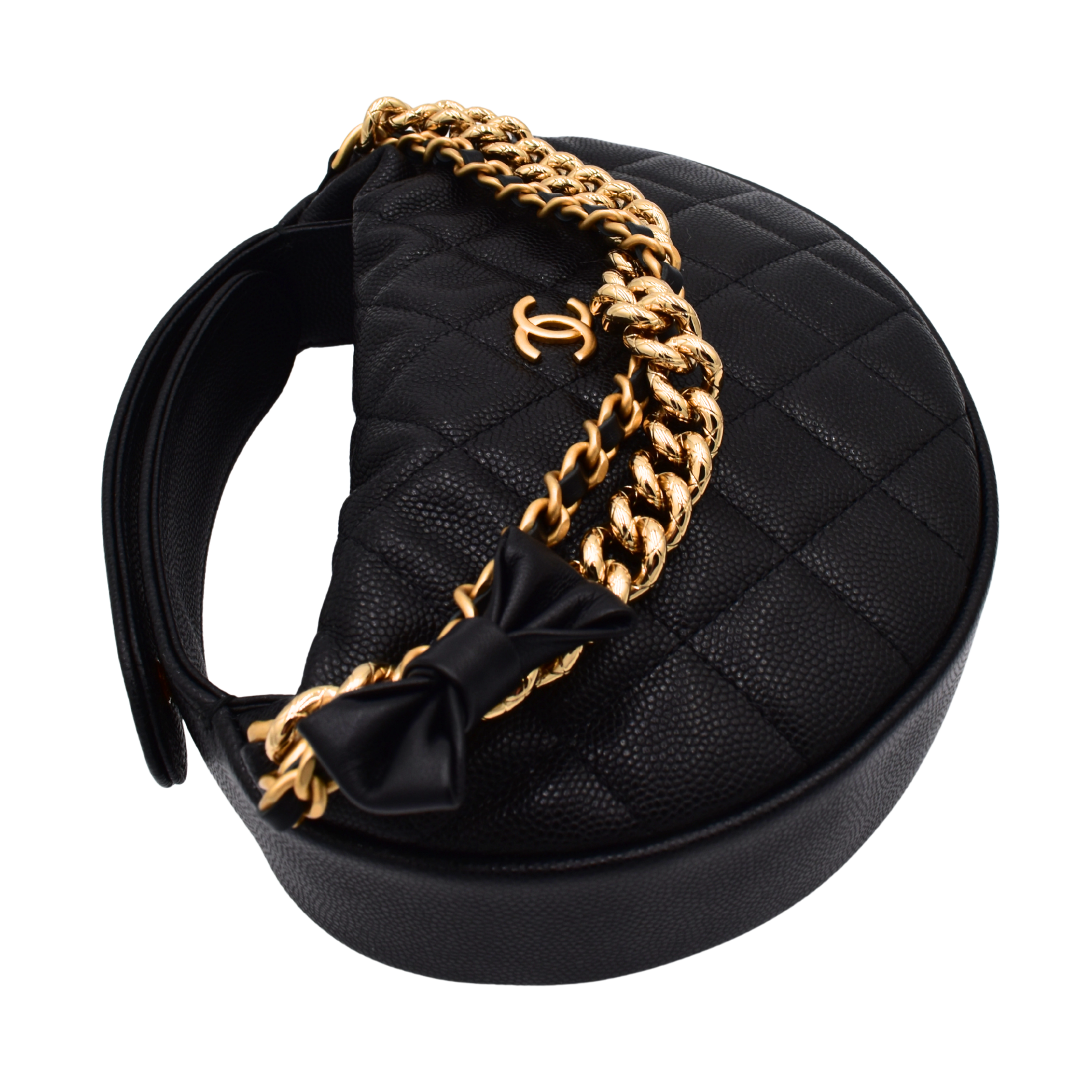 Double Chain Bow Black Quilted Caviar Mini Hobo