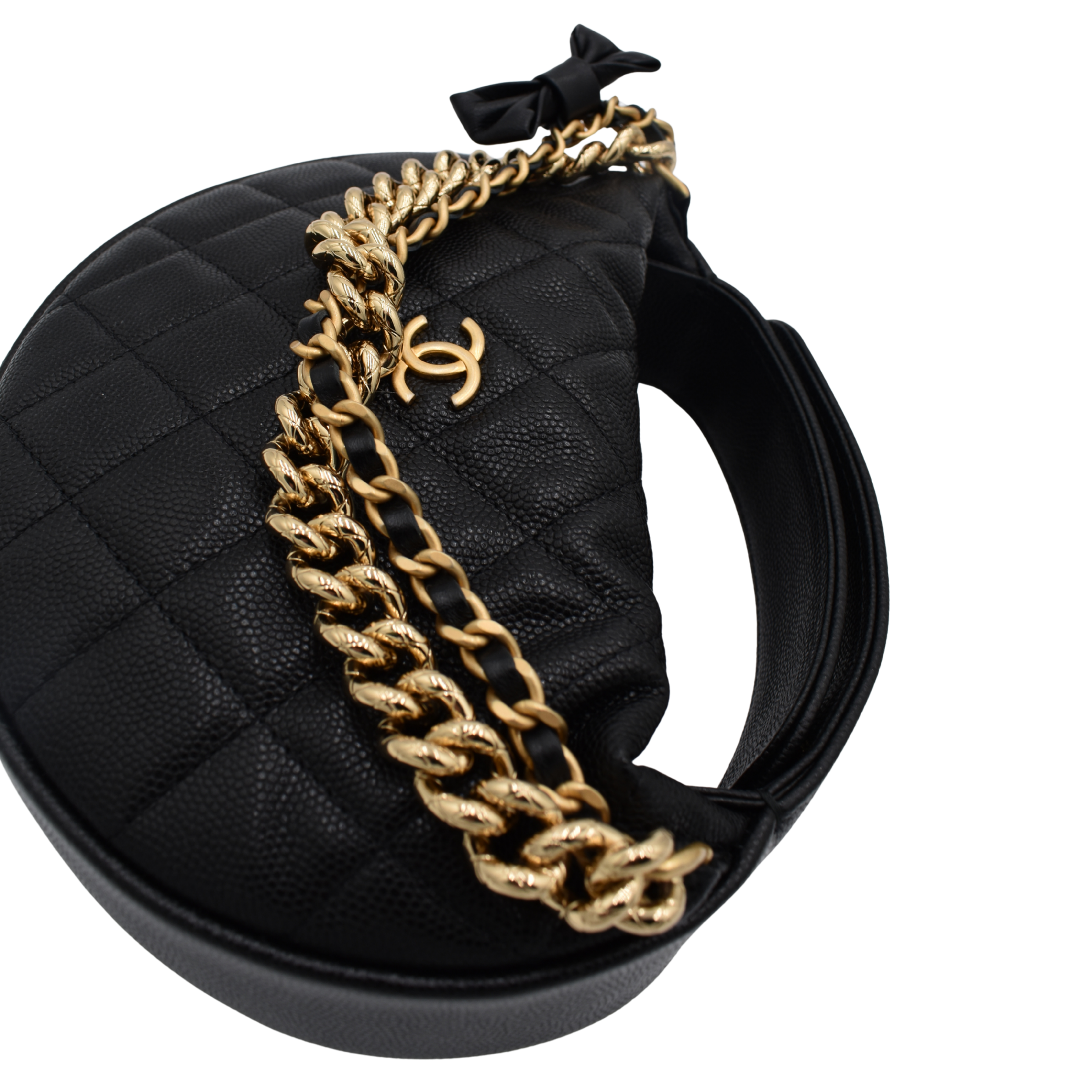 Double Chain Bow Black Quilted Caviar Mini Hobo