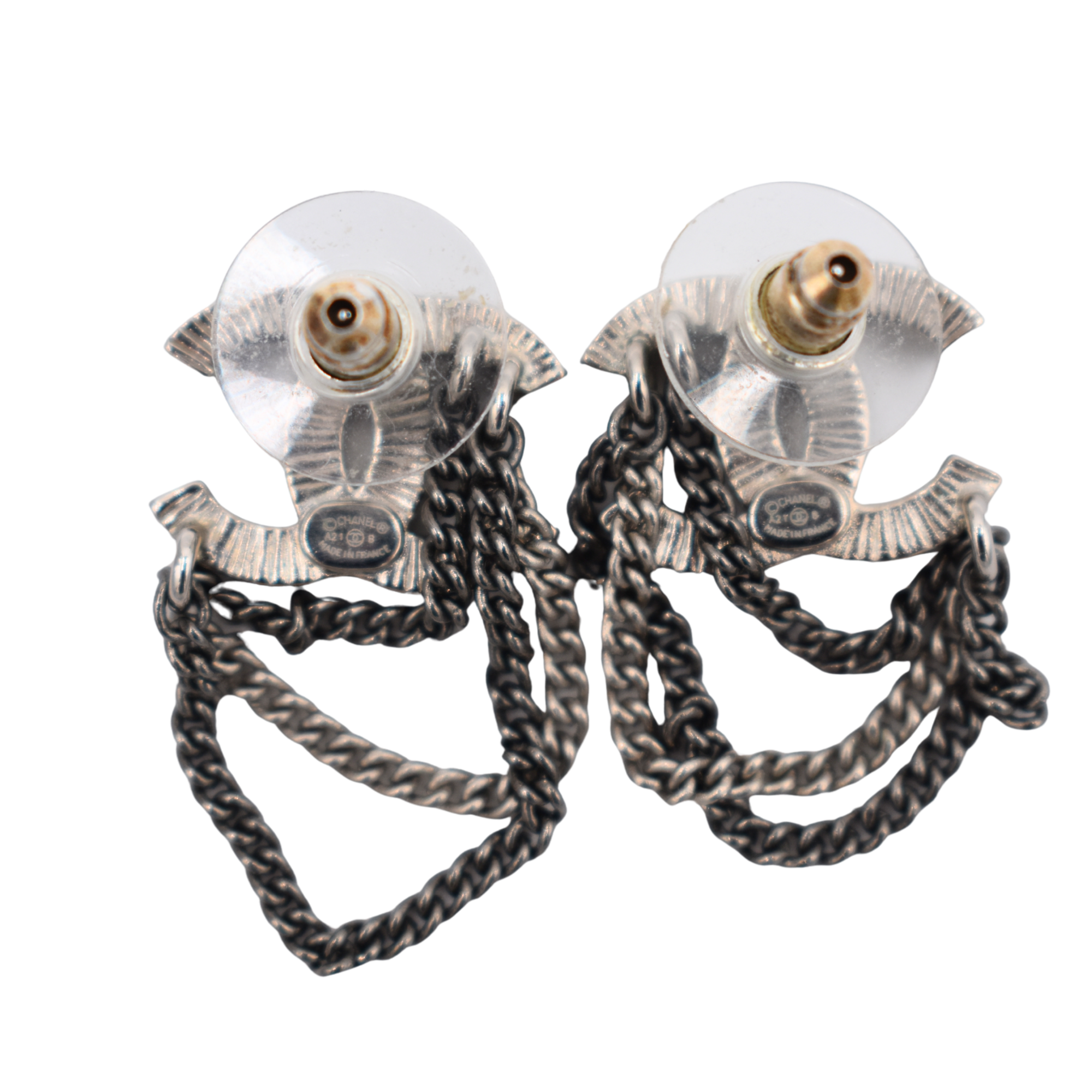 Silver CC Crystal Chain Dangle Earrings