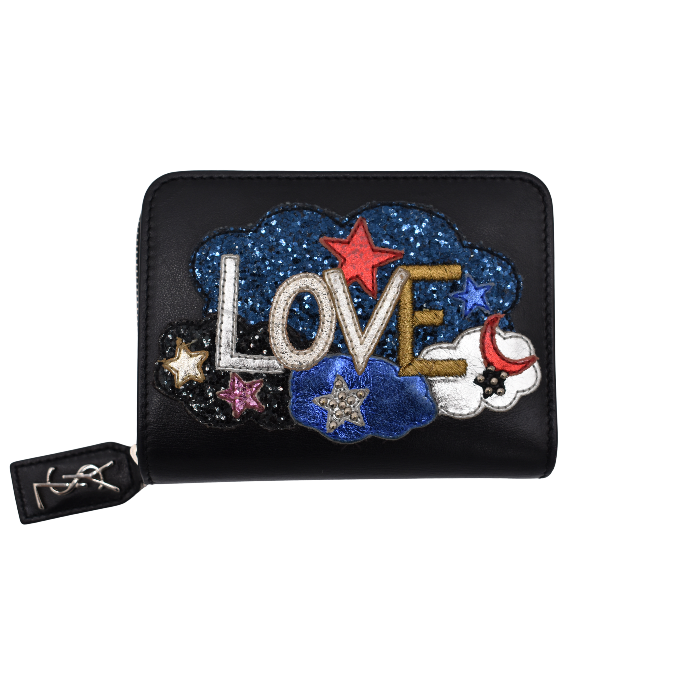 Black Leather Love Patched Zip Wallet