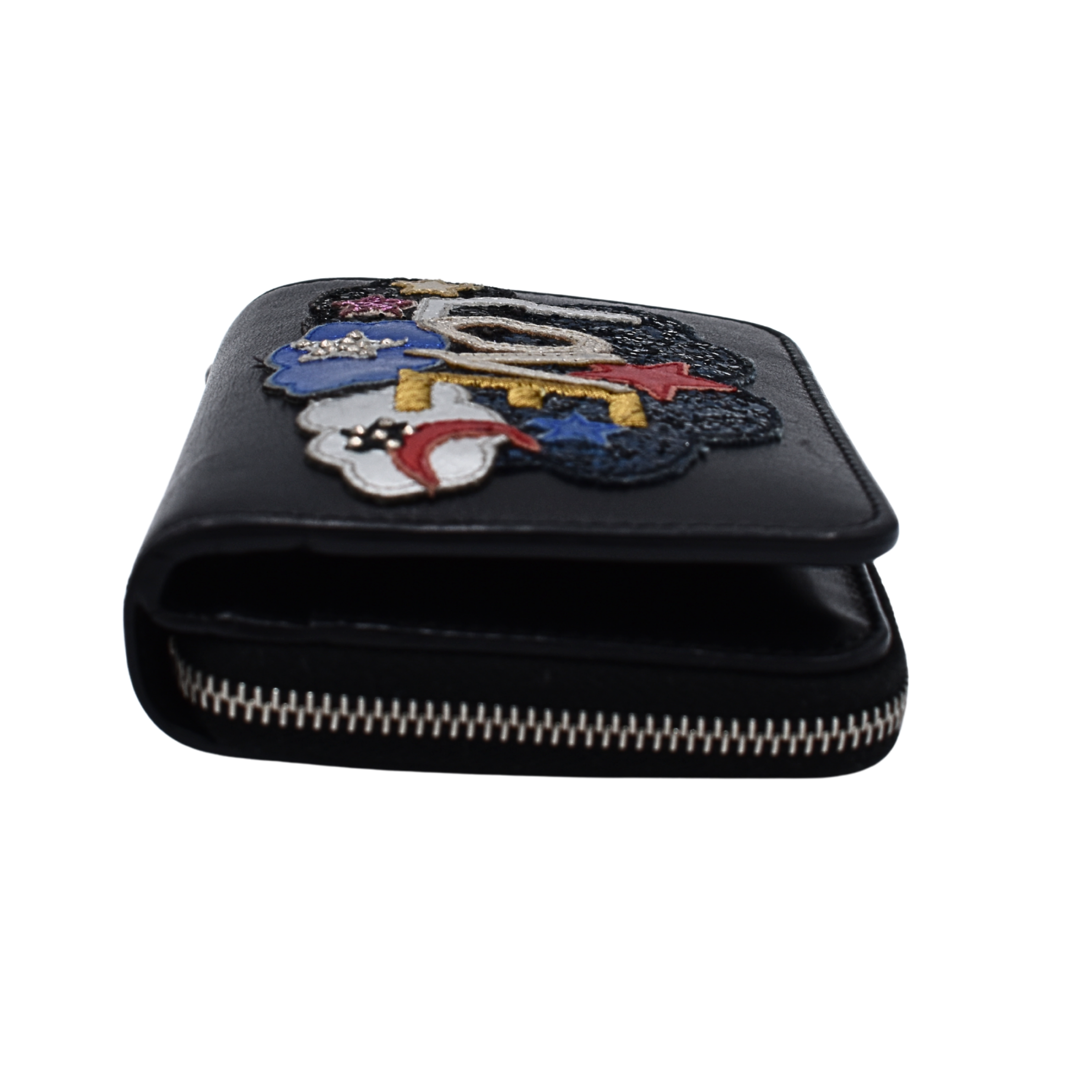 Black Leather Love Patched Zip Wallet