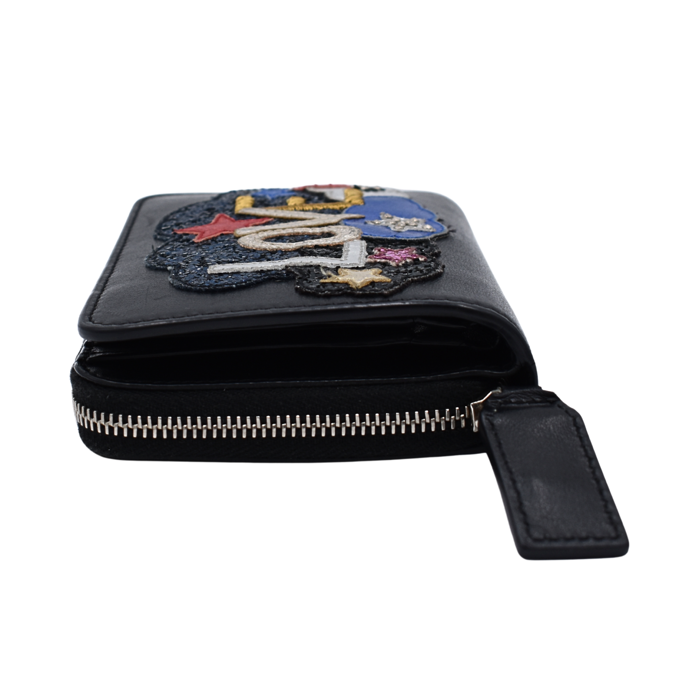 Black Leather Love Patched Zip Wallet