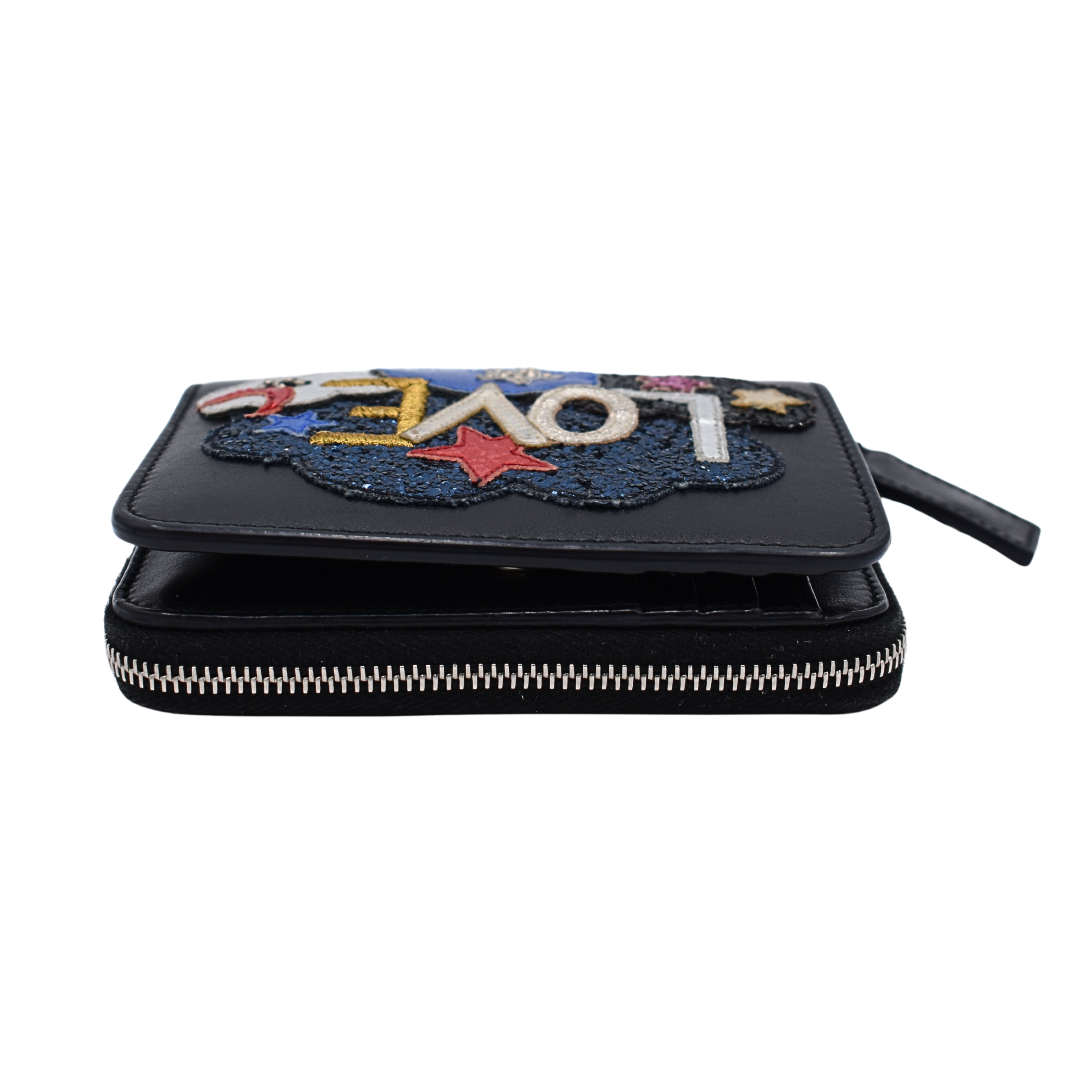 Black Leather Love Patched Zip Wallet