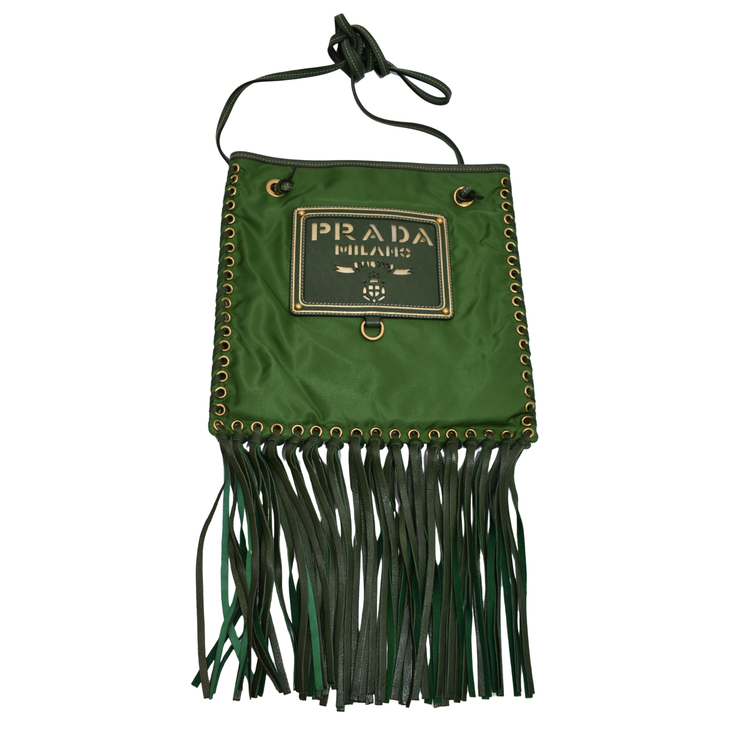 Green Nylon Crossbody Bag with Fringe