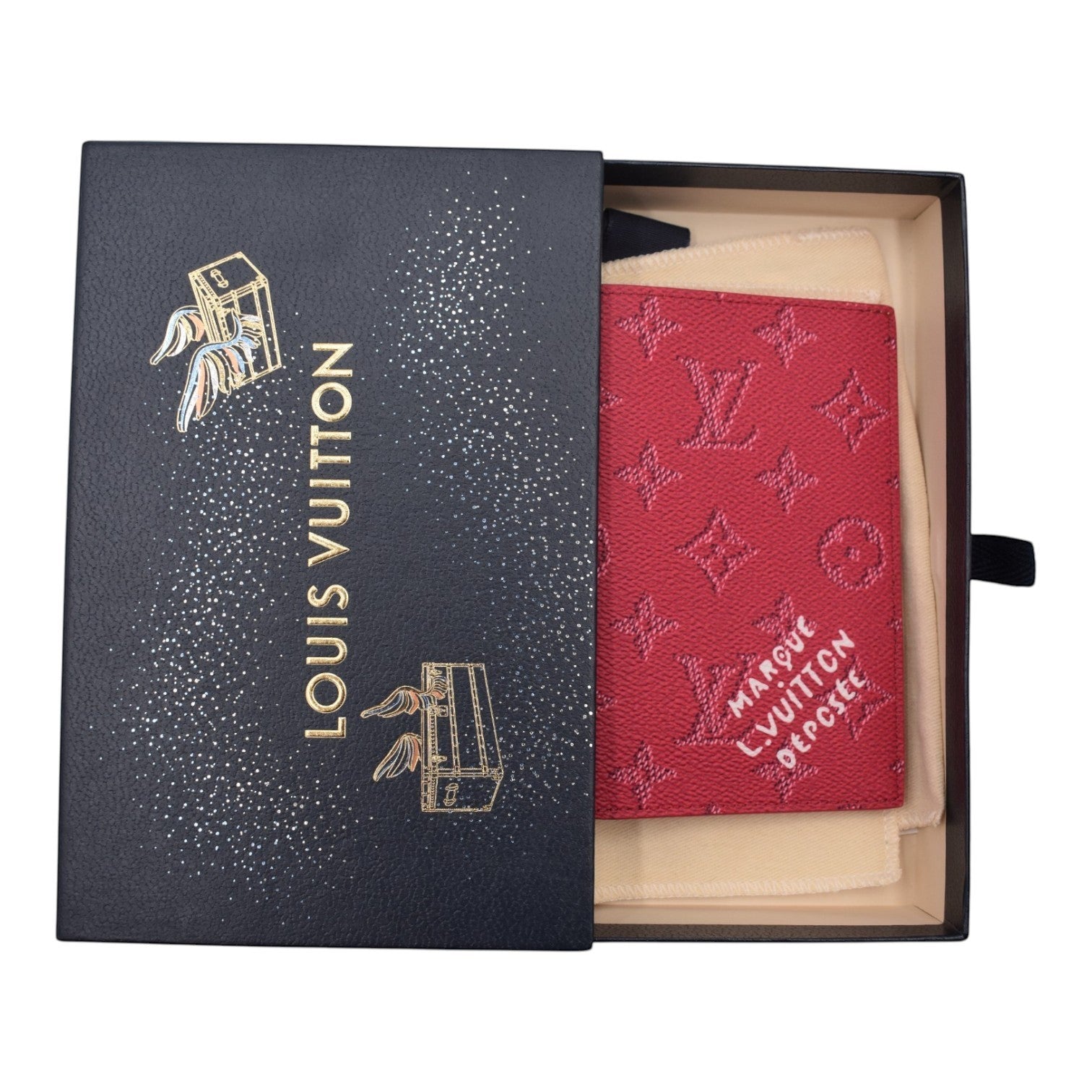 Louis Vuitton red monogram embossed passport cover with "Marque L.Vuitton Deposee" text. Comes in a navy gift box.