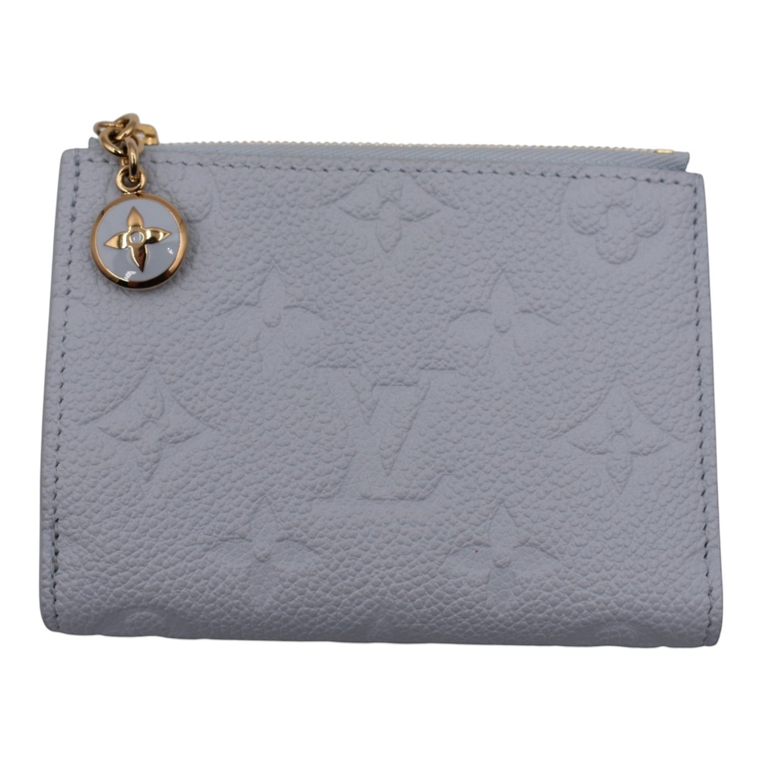Soldi baby blue Empreinte leather Lisa wallet with gold hardware and decorative charm.