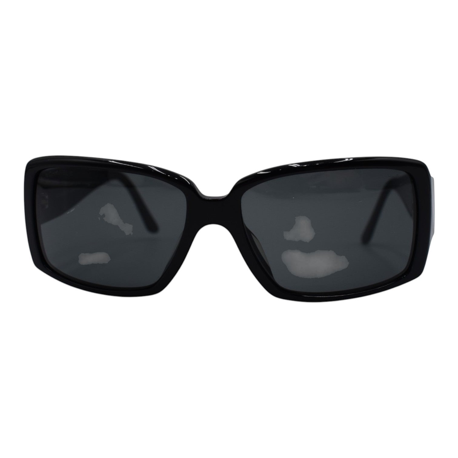 Soldi black baguette crystal logo sunglasses with rectangular frames and dark lenses.