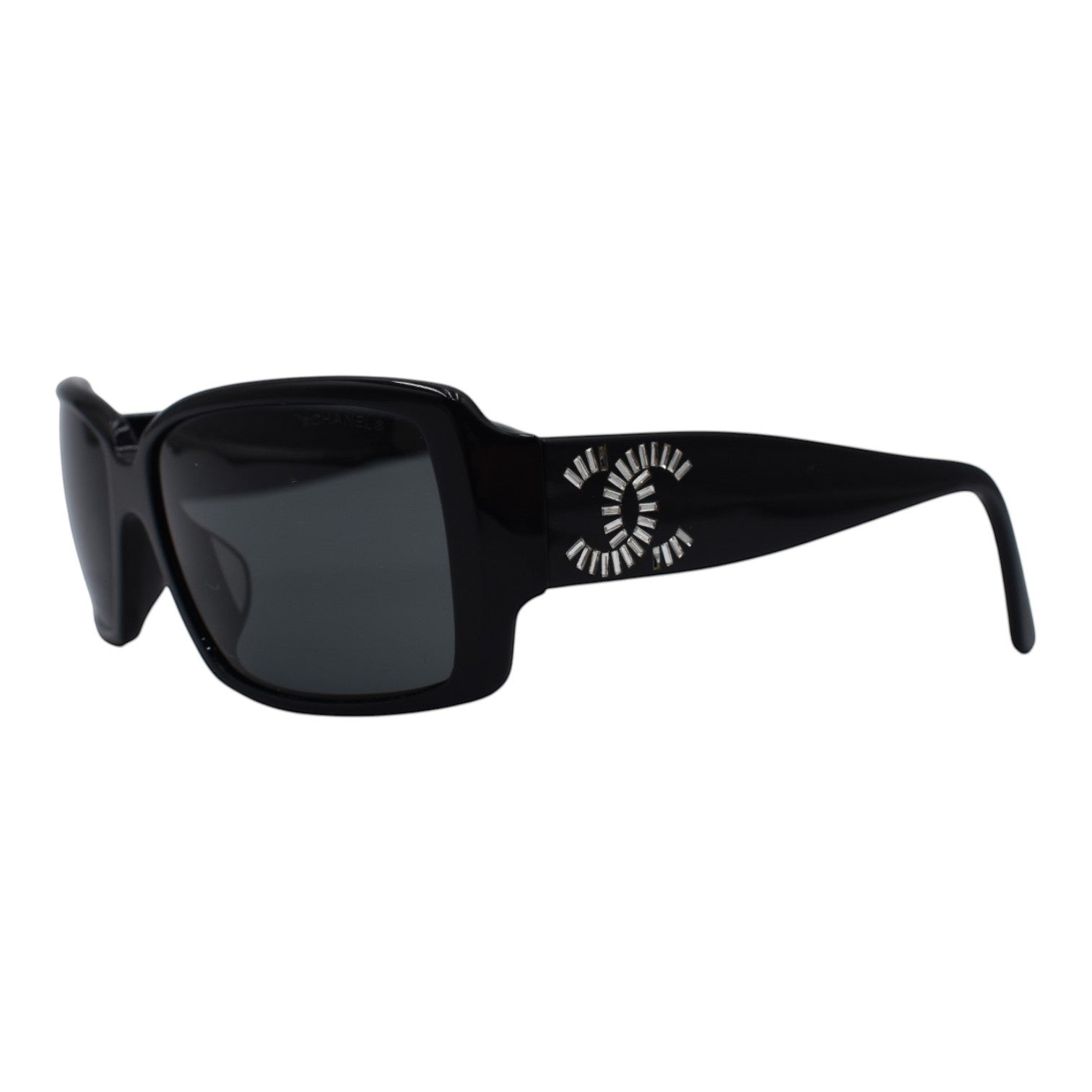 Soldi black baguette crystal logo sunglasses with square lenses and embellished temples.