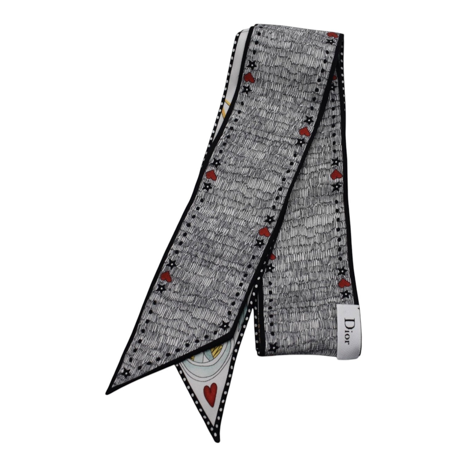 Soldi black and white twilly scarf with red heart and star pattern, silk material.