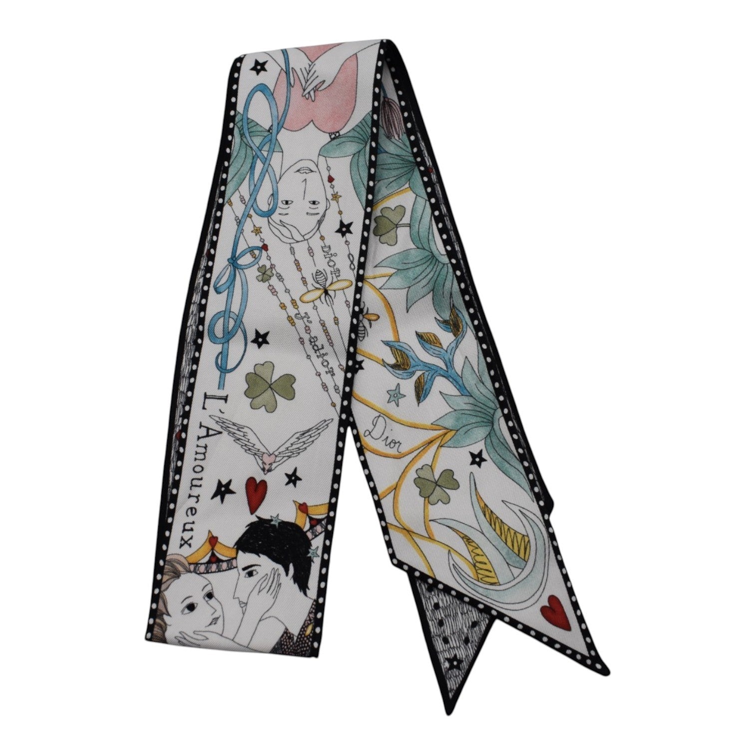 Soldi black and white twilly scarf with romantic illustration and floral motifs.