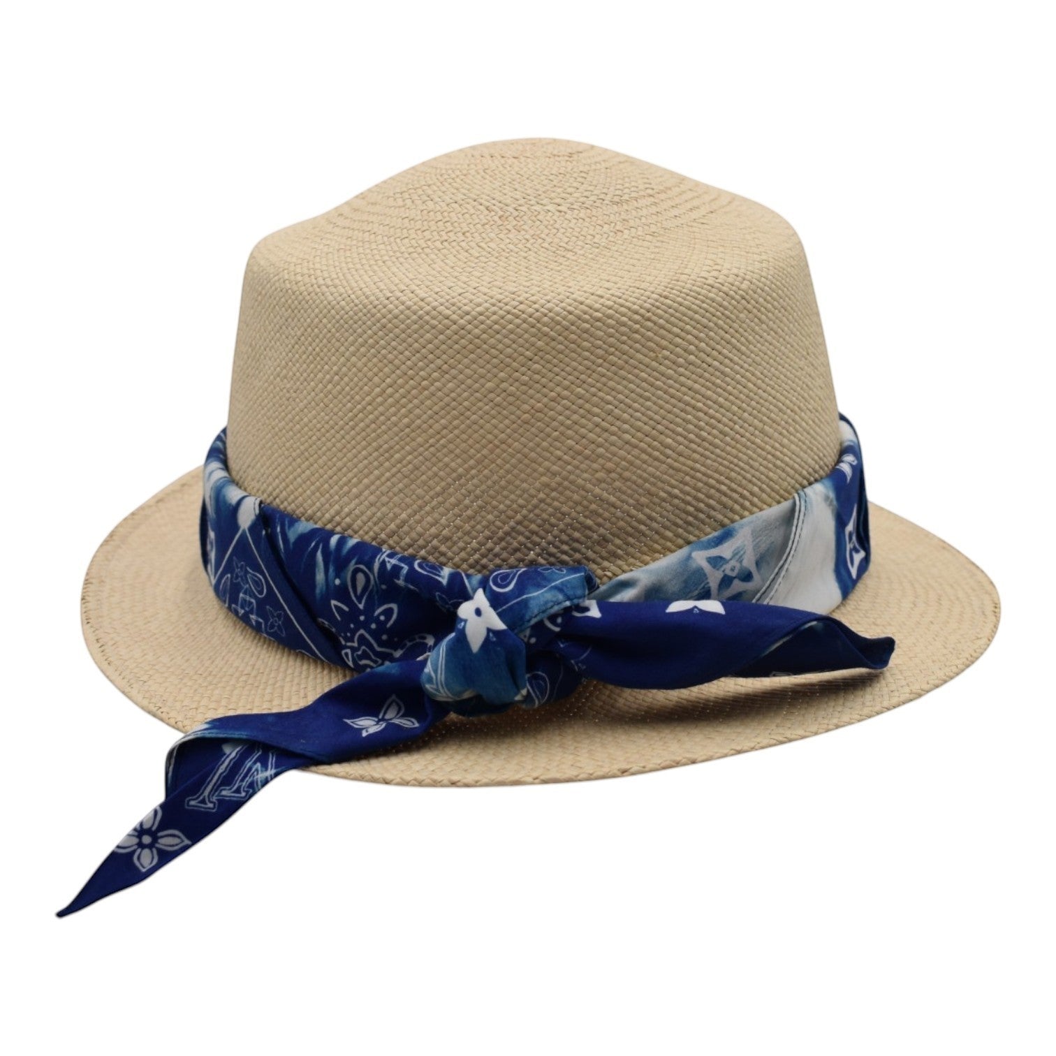 Soldi blue bandana trim straw fedora hat