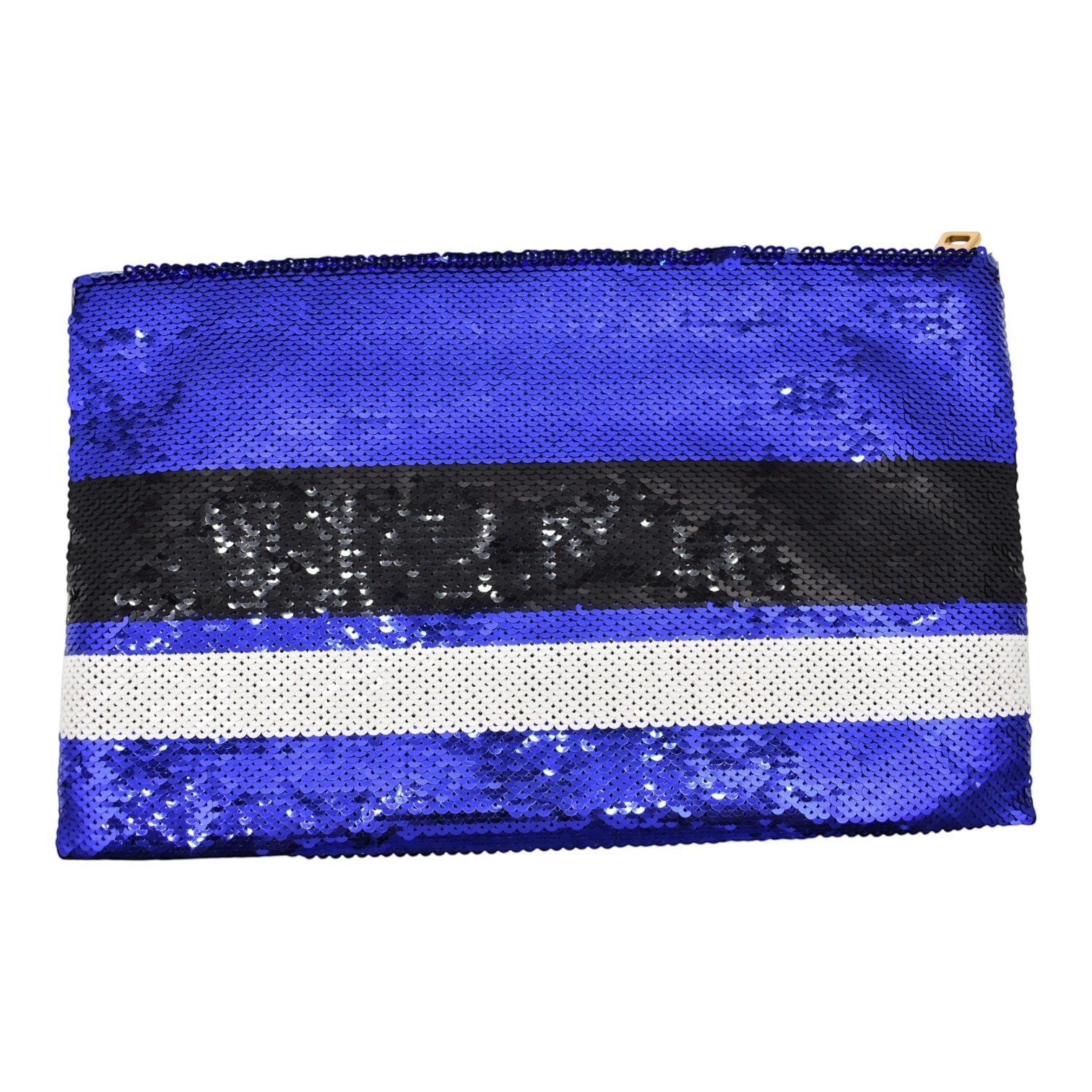 Soldi blue, black, and white sequin clutch with horizontal stripes. Zipper closure.