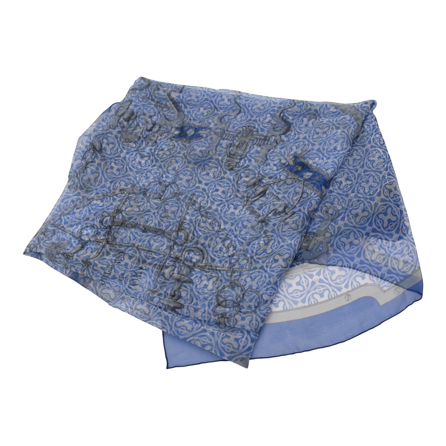 Soldi blue chiffon scarf with intricate grey equestrian-themed pattern and a border.
