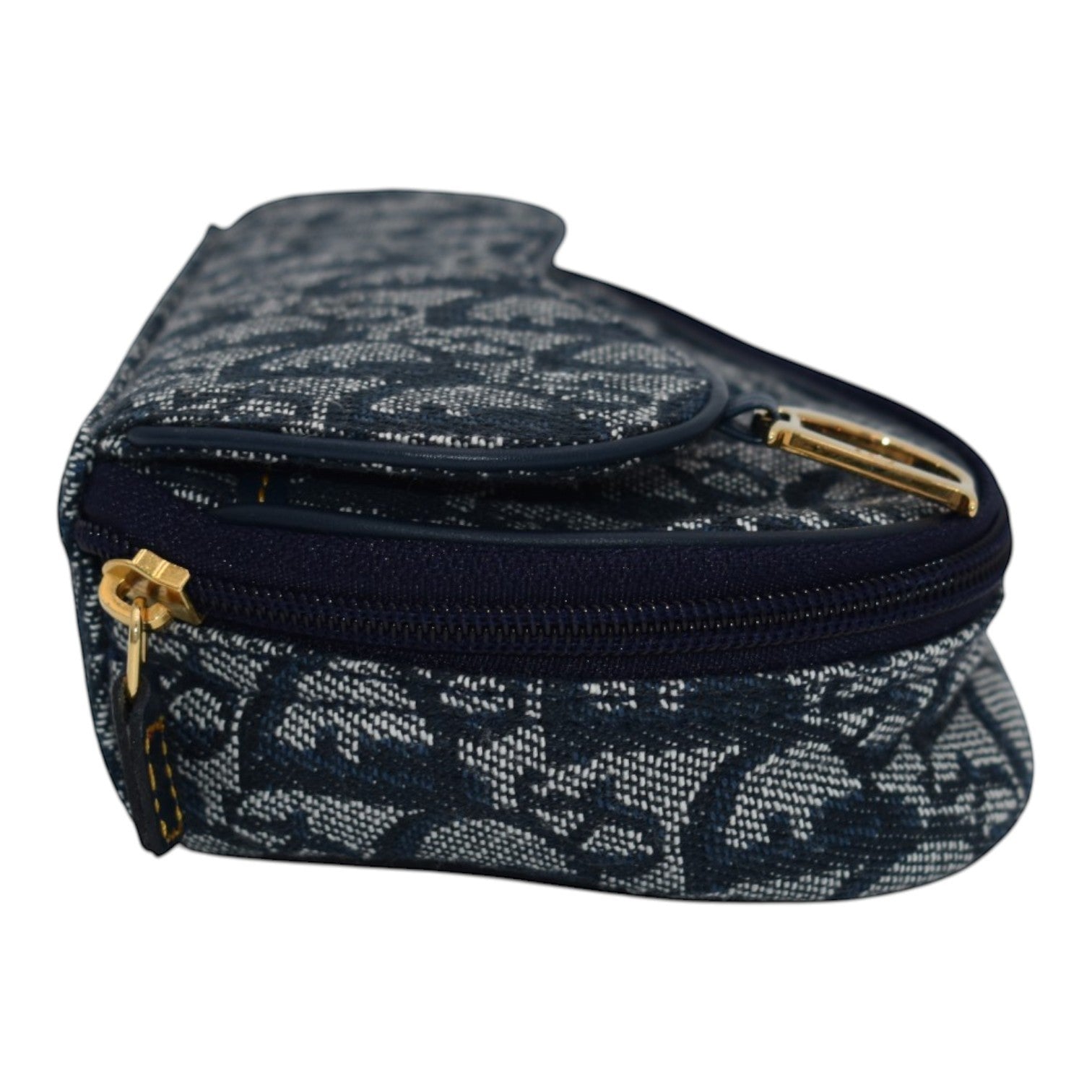 Soldi blue oblique saddle pouch with gold hardware and zipper closure.