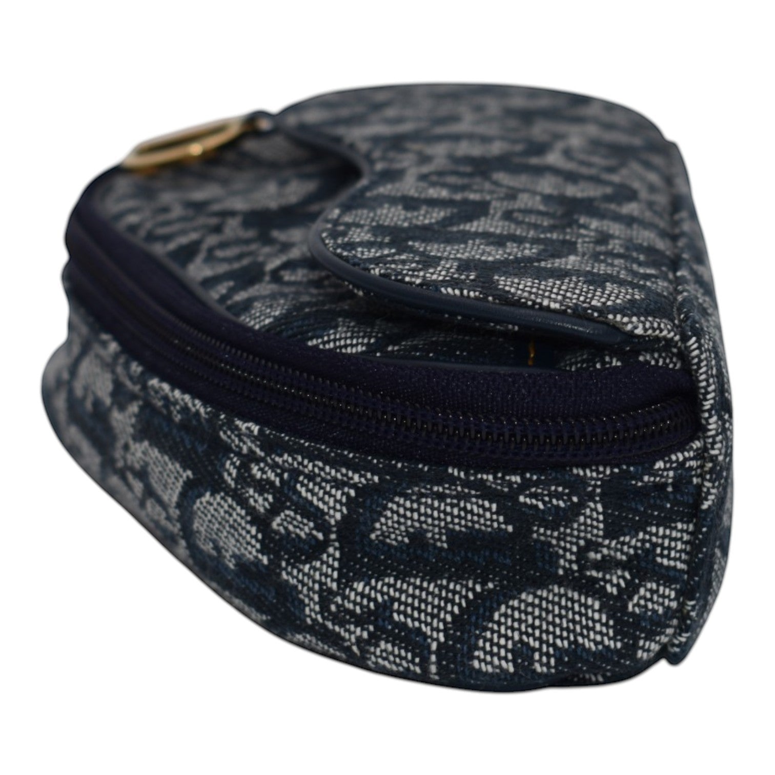 Soldi blue oblique saddle pouch with gold hardware and zipper closure