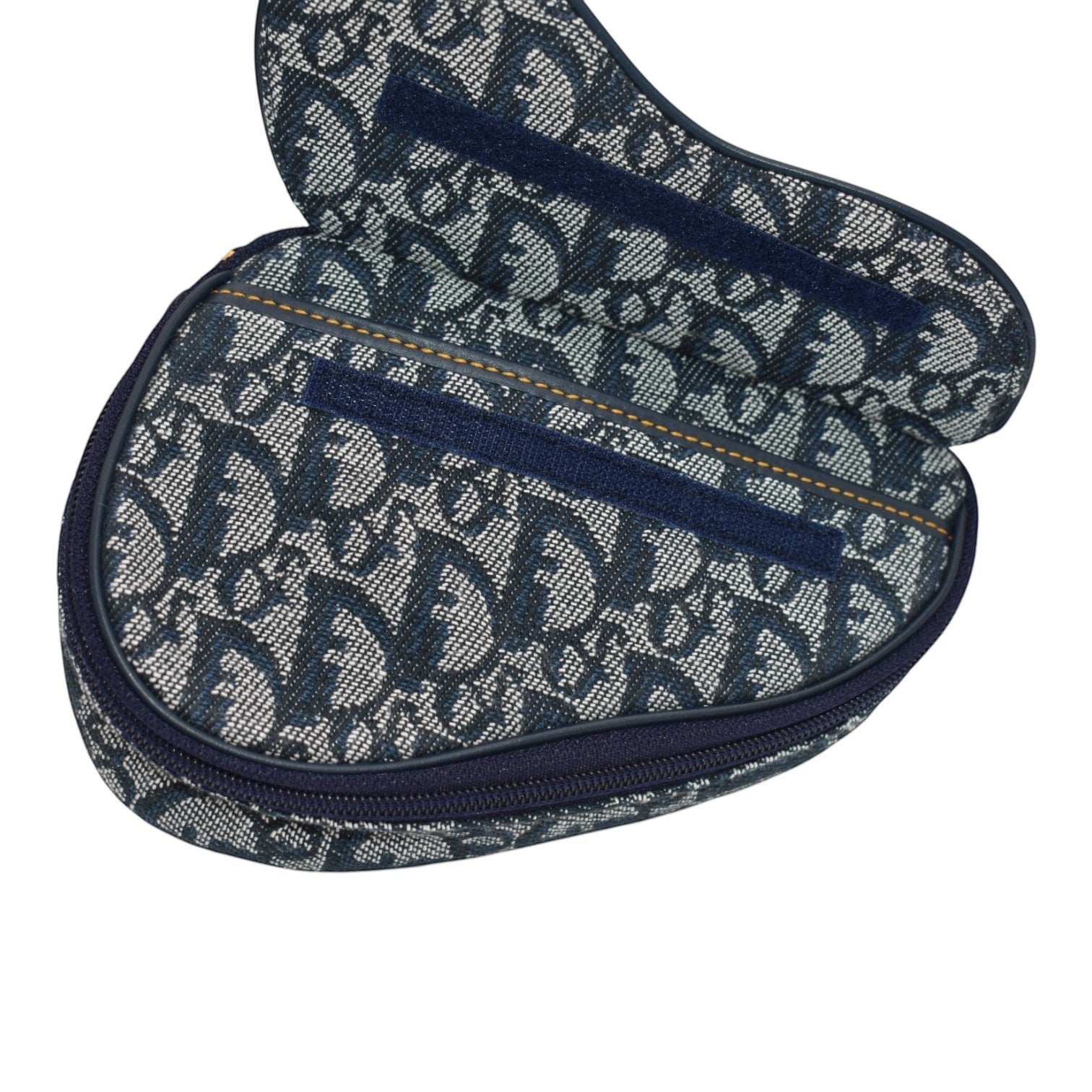 Soldi blue oblique saddle pouch with signature logo pattern and navy trim.