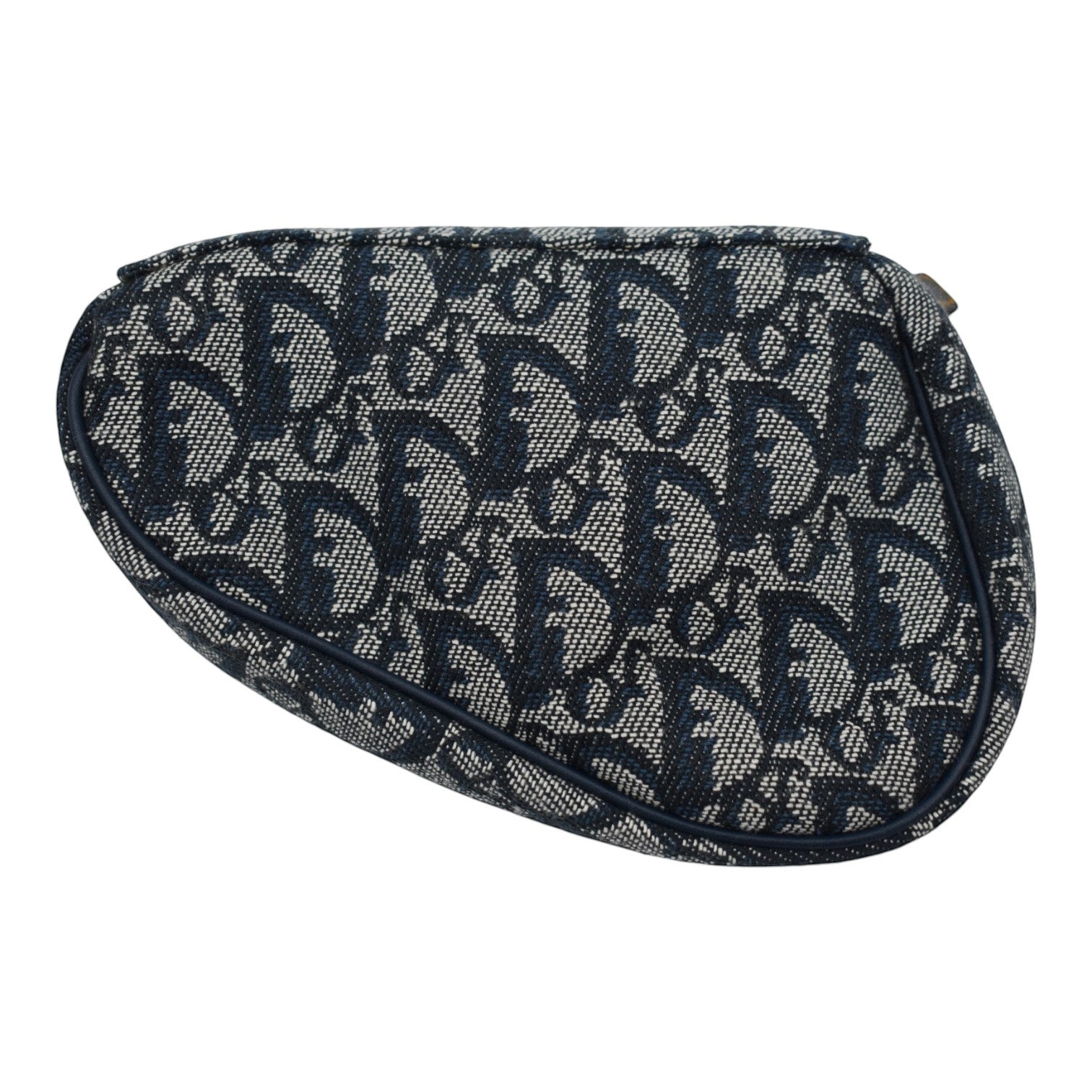 Soldi blue oblique saddle pouch with signature monogram pattern and navy trim