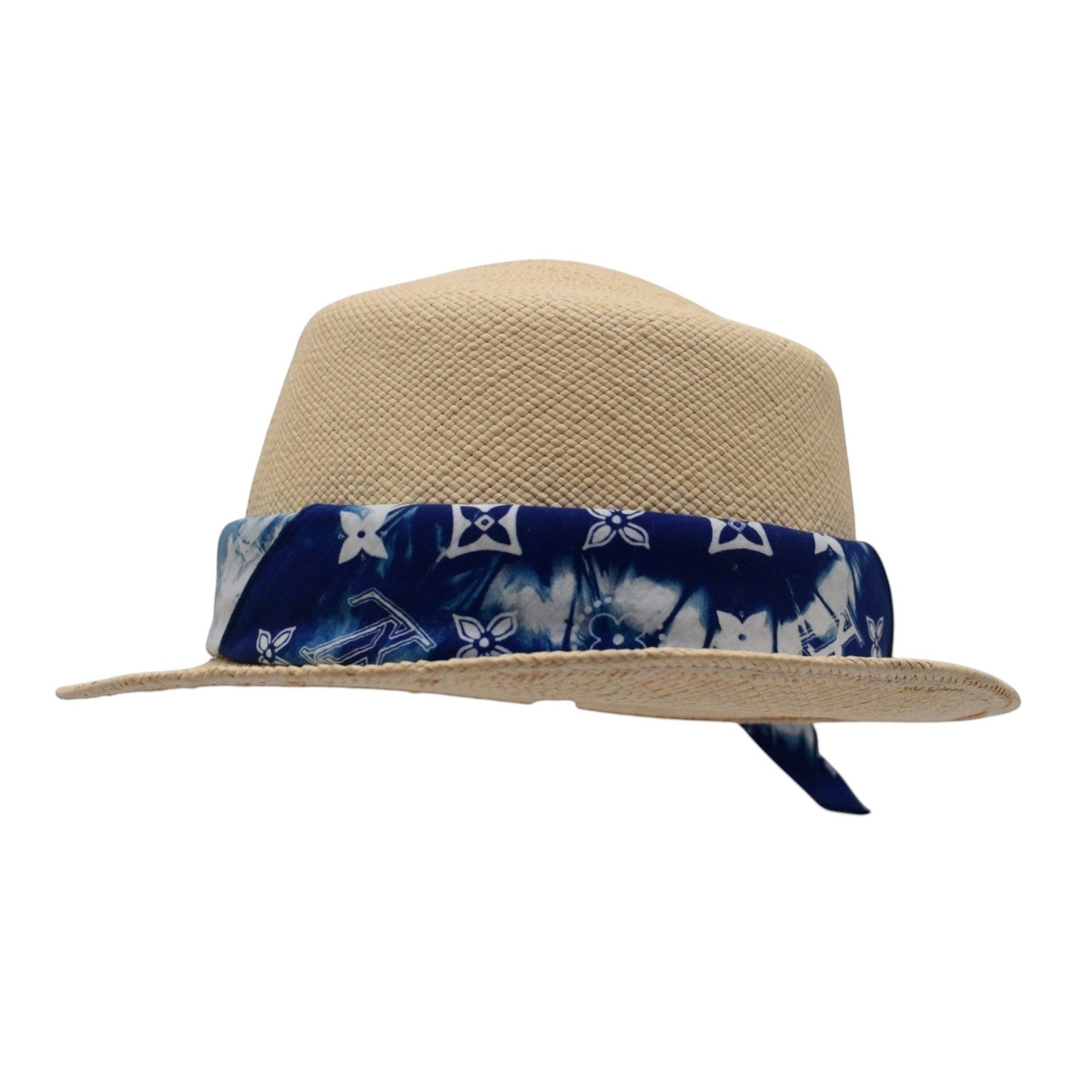 Soldi blue and white bandana trim straw fedora hat