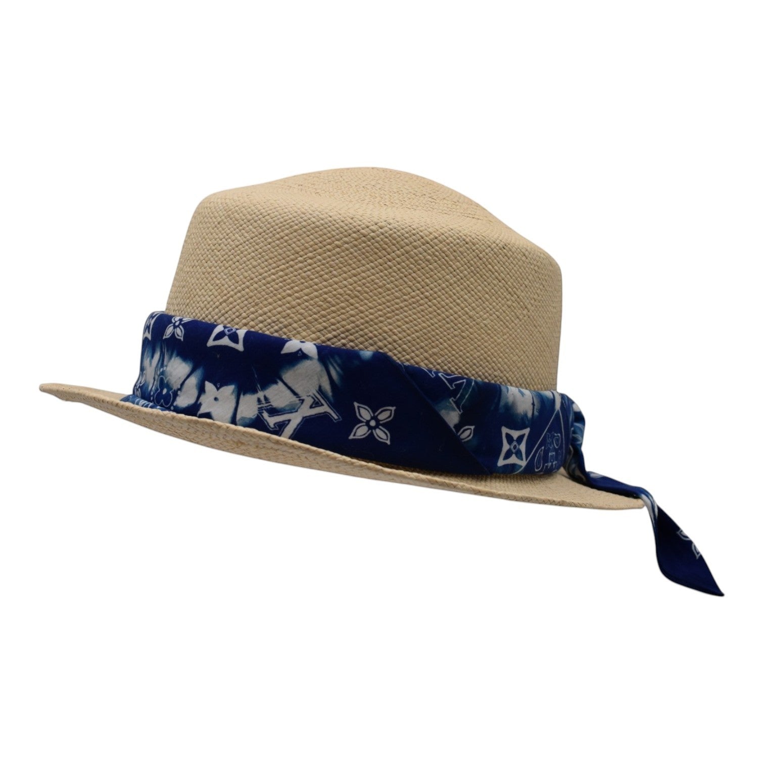 Soldi blue and white bandana print straw fedora hat with a wide brim.