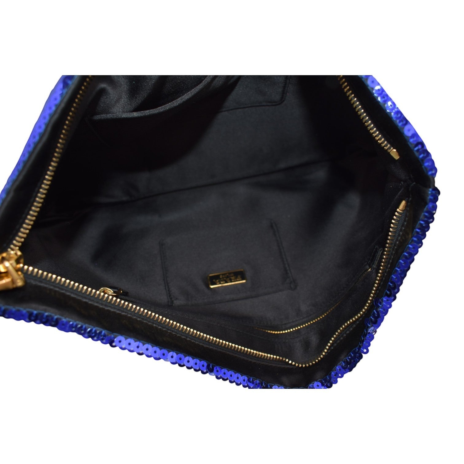 Soldi blue, white, and black sequin clutch with gold zipper and interior pockets.