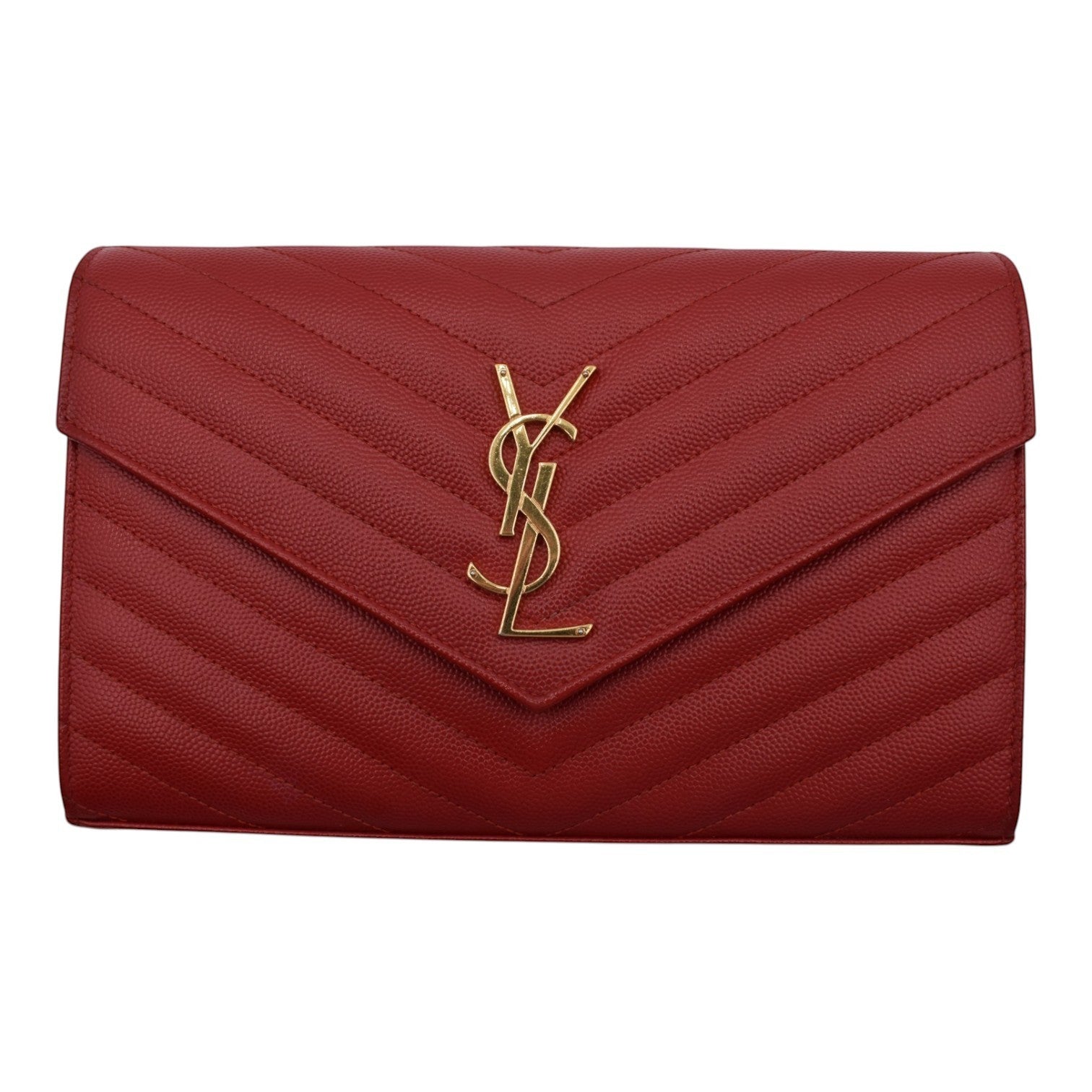Soldi Cassandre Chevron Wallet on Chain in red leather with gold YSL logo and chevron quilting.