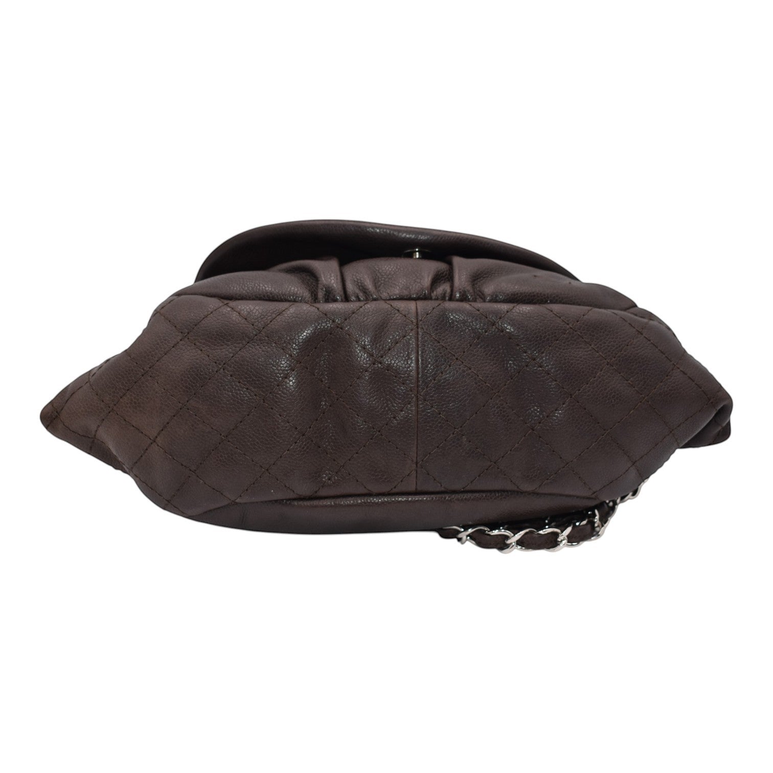Soldi Chanel brown quilted leather half moon flap bag with silver chain strap