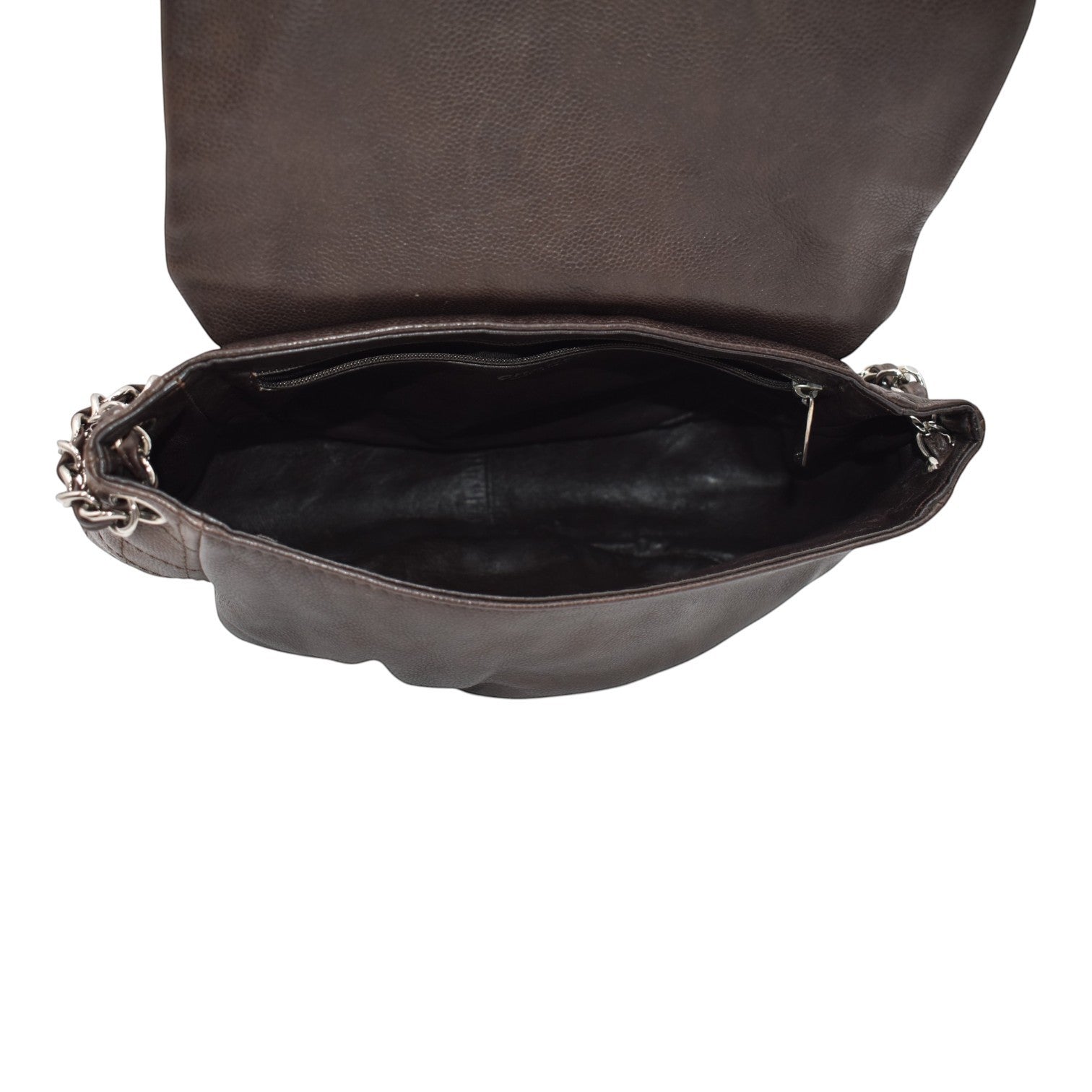 Soldi Chanel brown leather half moon flap bag with silver chain strap and interior zip pocket.