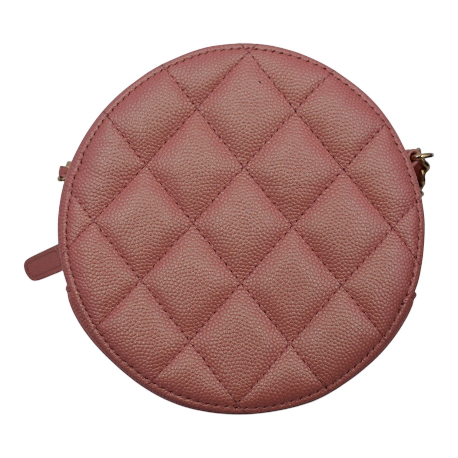 Soldi Chanel pink caviar leather quilted circle mini vanity bag with pearl CC detail.