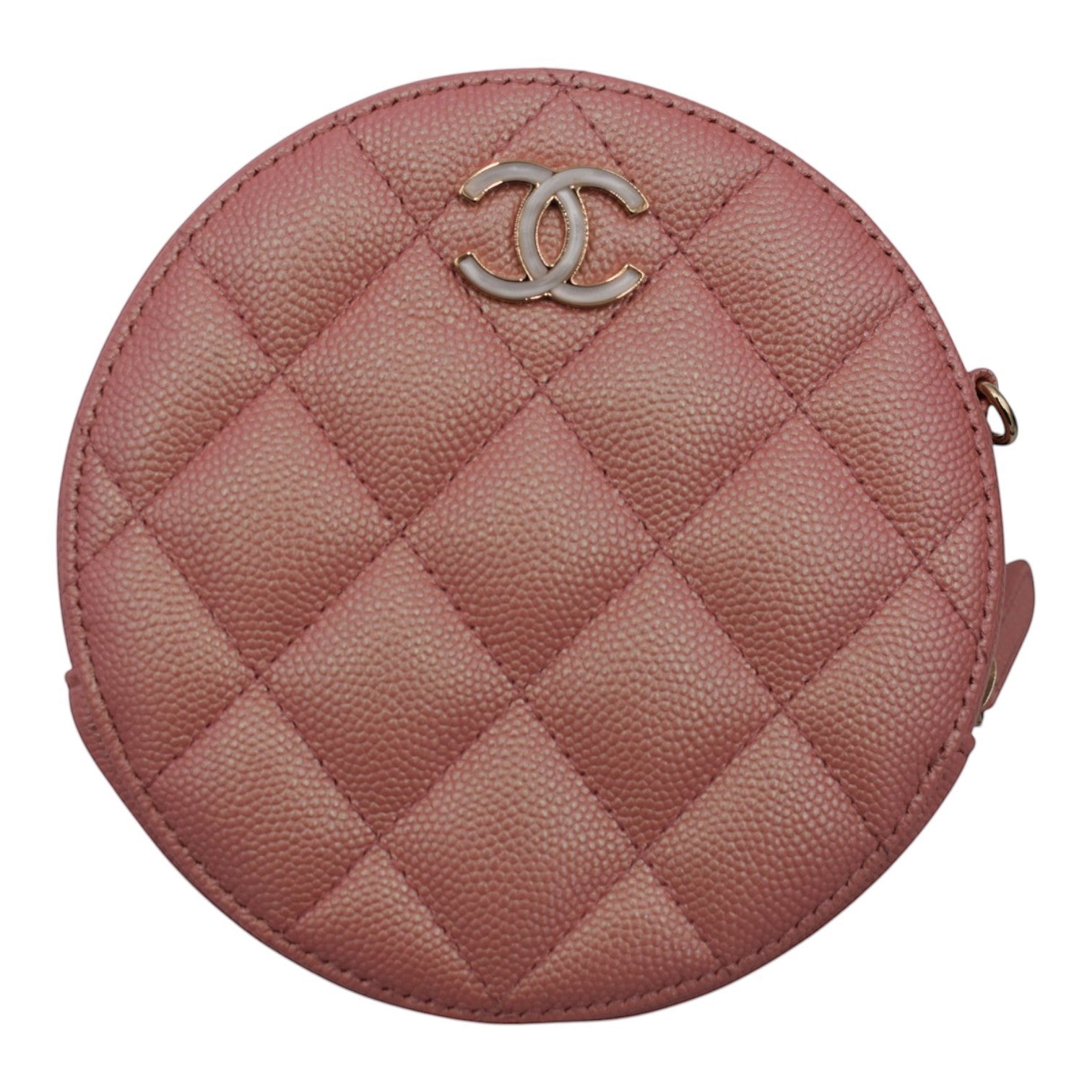 Soldi Chanel pink caviar leather quilted circle mini vanity bag with pearl CC logo.
