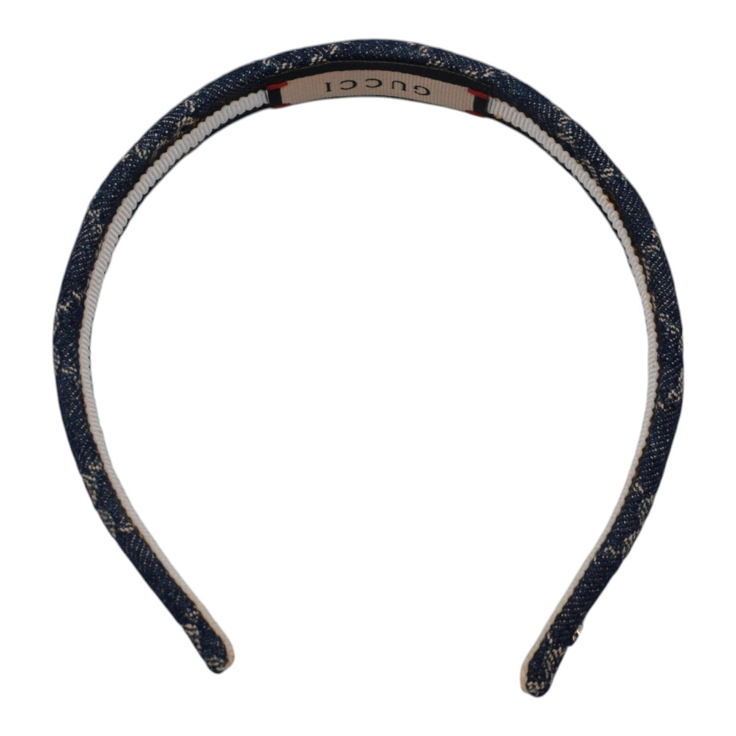 Soldi dark blue denim headband with embroidered Gucci logo and white trim
