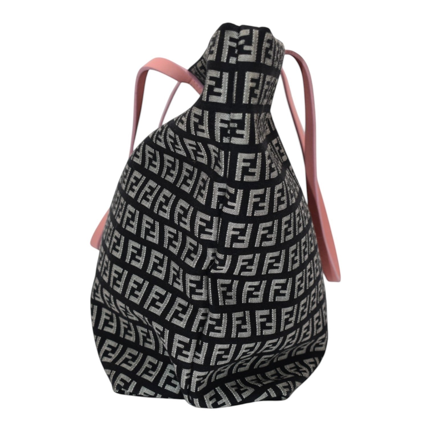 Soldi Fendi Zucchino canvas roll tote bag with black and white FF logo pattern and pink leather straps.