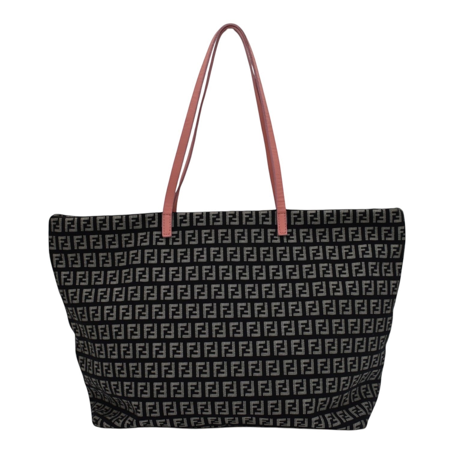 Soldi Fendi Zucchino canvas roll tote bag with pink leather straps and all-over FF logo pattern.