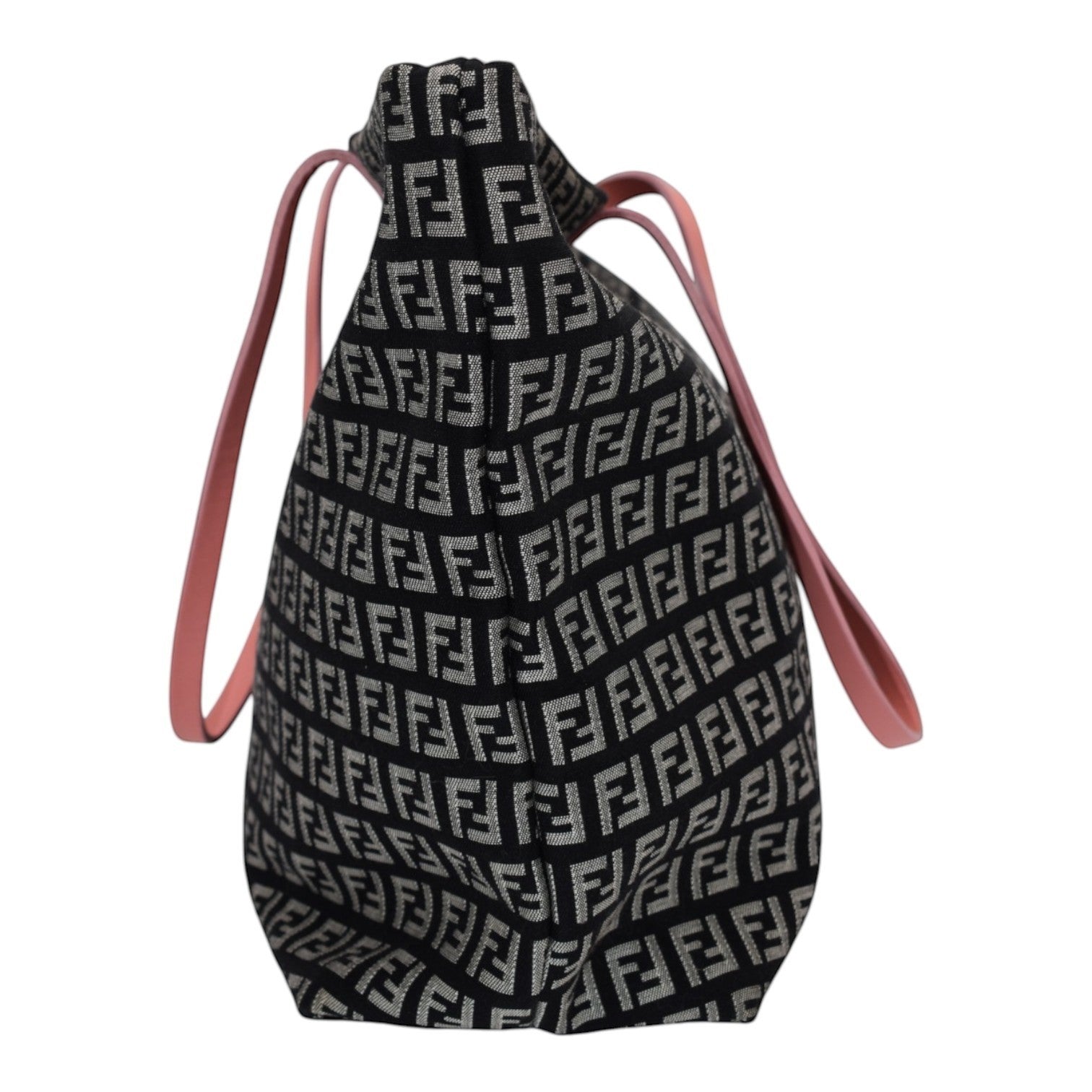 Soldi Fendi Zucchino canvas roll tote bag with pink leather straps and all-over FF logo pattern.