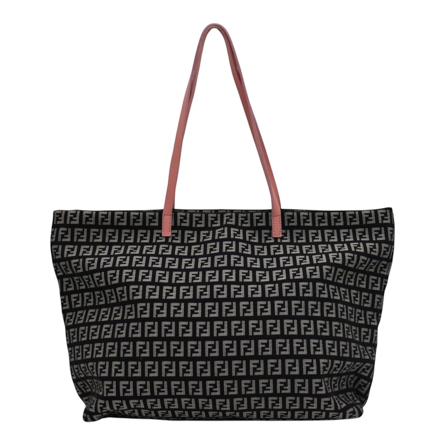 Soldi Fendi Zucchino canvas roll tote bag with pink leather straps and all-over FF logo pattern.