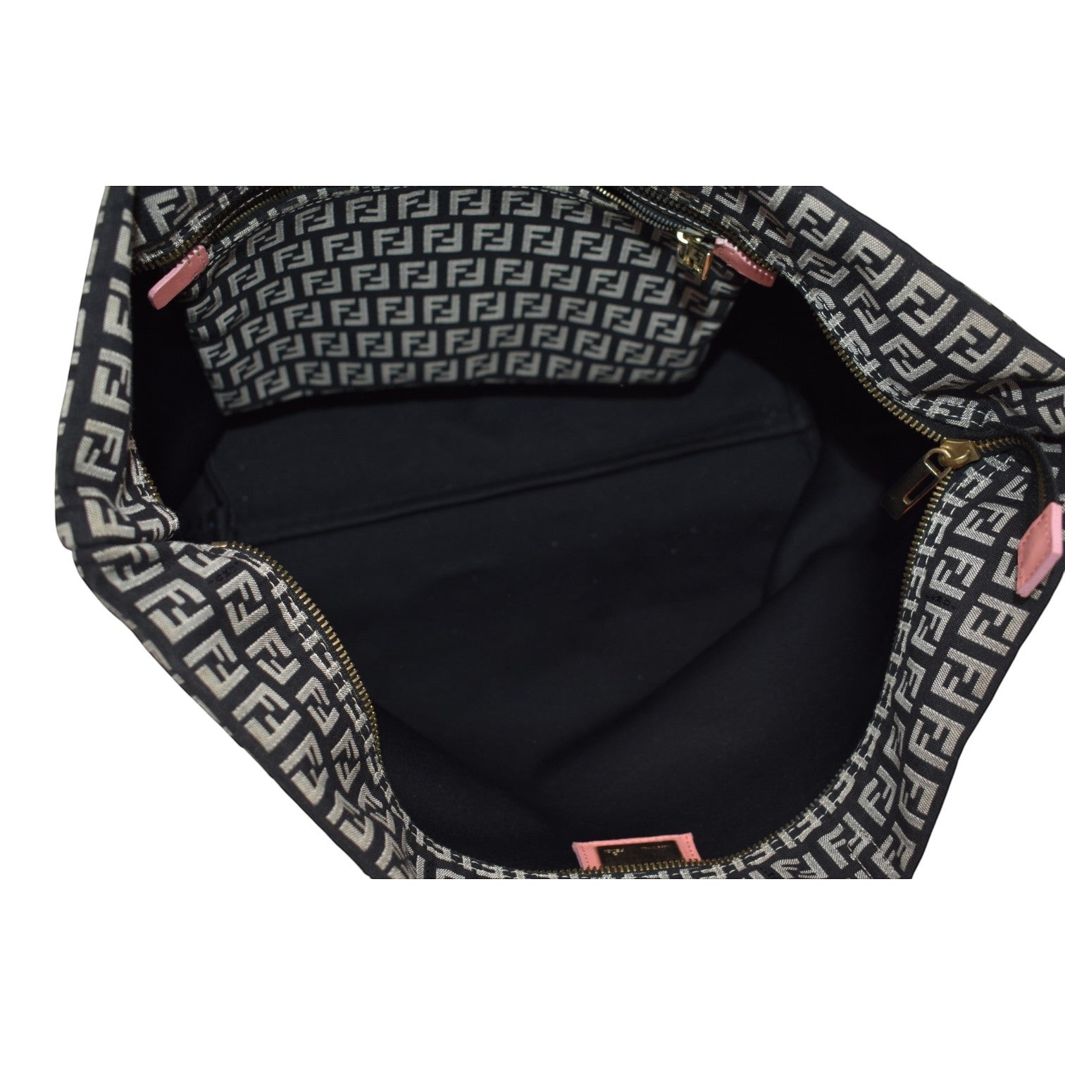 Soldi Fendi Zucchino canvas roll tote bag with black and beige FF logo pattern and pink accents.