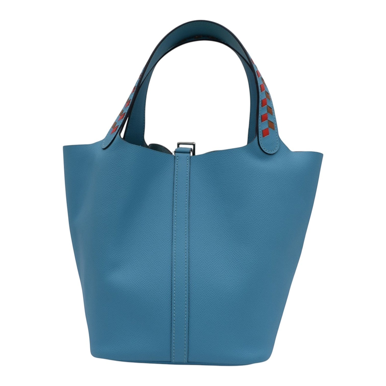 Soldi blue leather bucket bag with braided handles and silver hardware. Hermes Picotin 18.